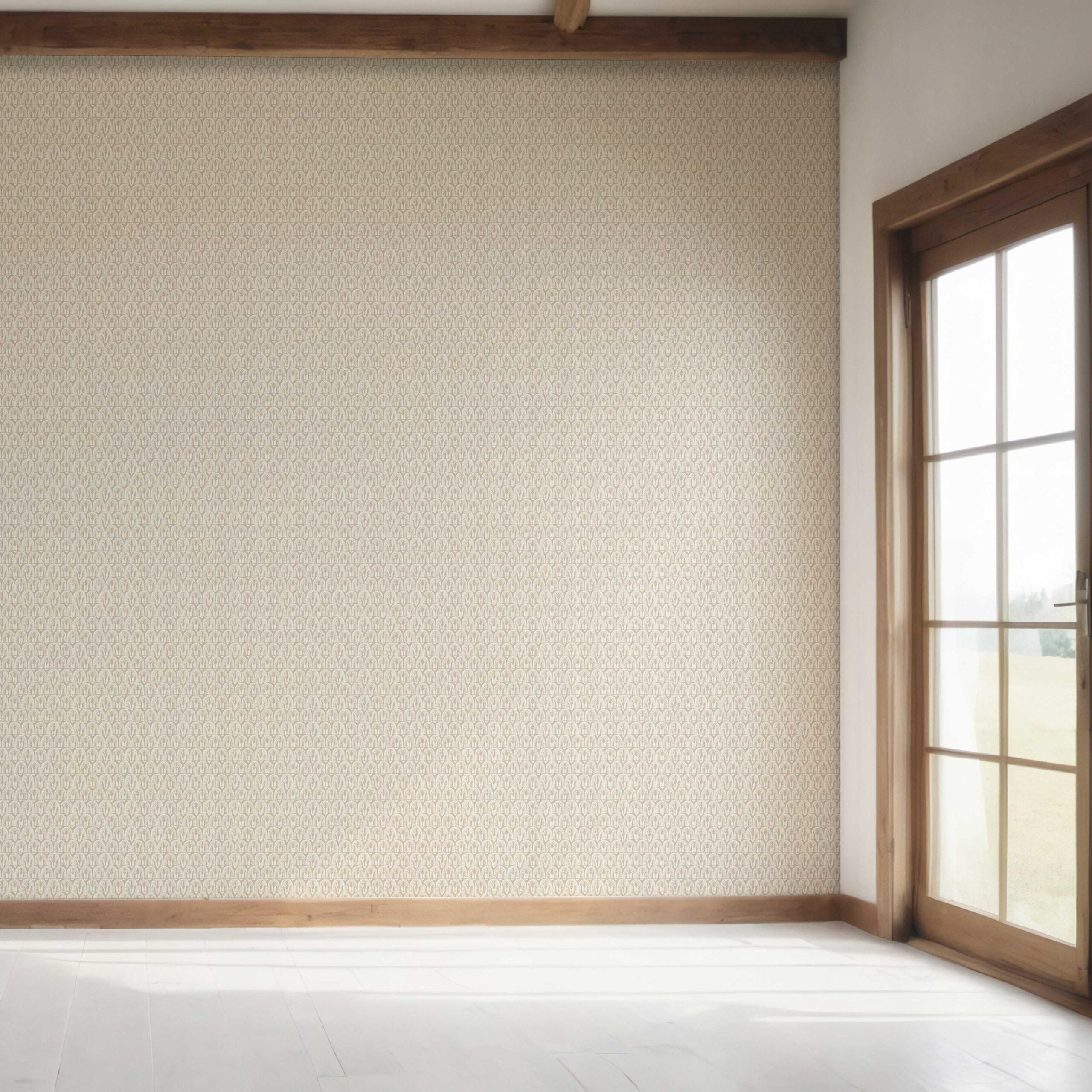 Neutral Geometric Scallops Floral Bedroom Wallpaper (Stone Beige/ White)