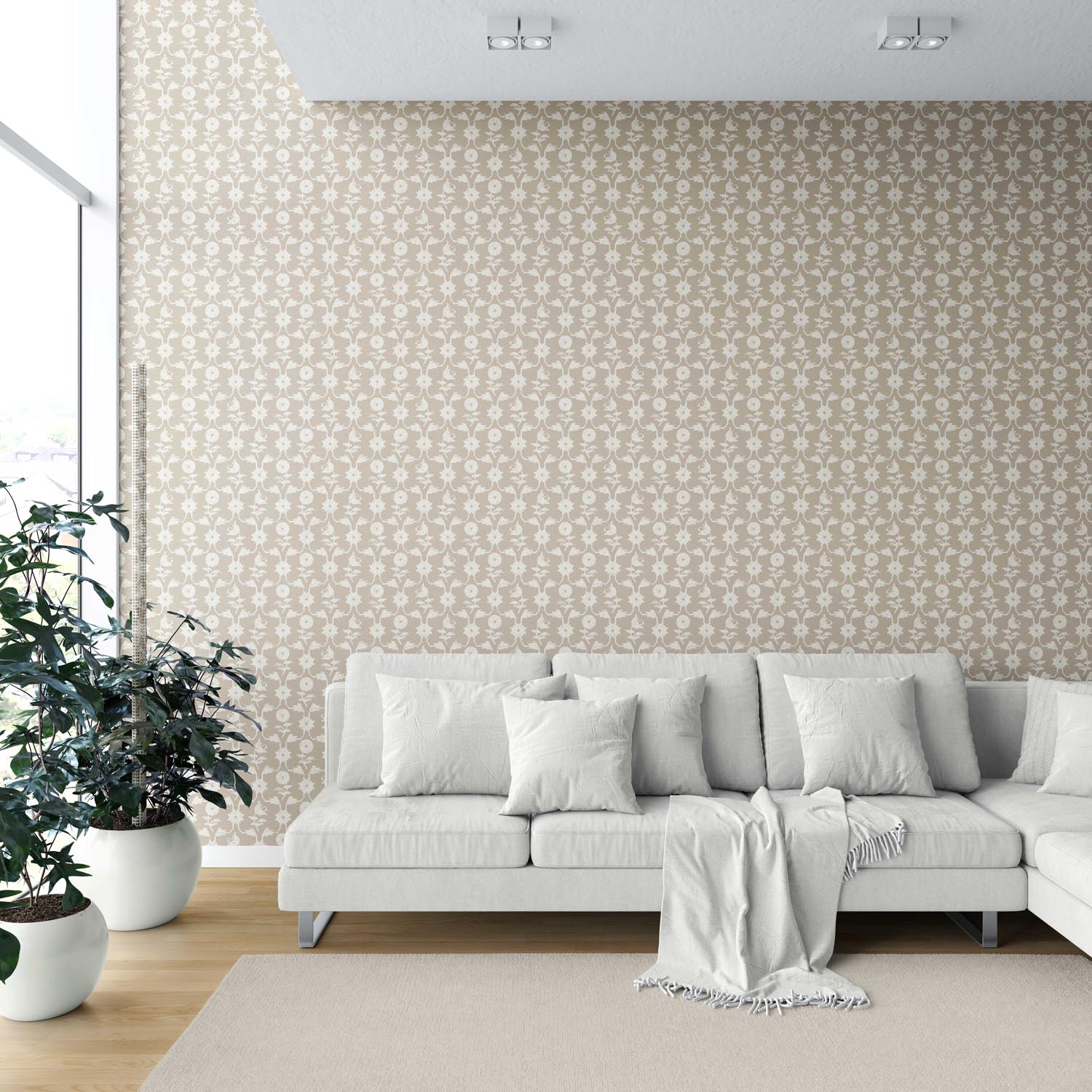 Neutral Toned Modern Floral/ Botanical Shower Toilet Wallpaper (Beige/ White)