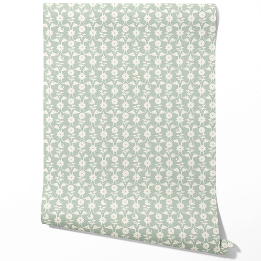 Modern Floral Botanical Traditional Wallpaper (Green/ White)