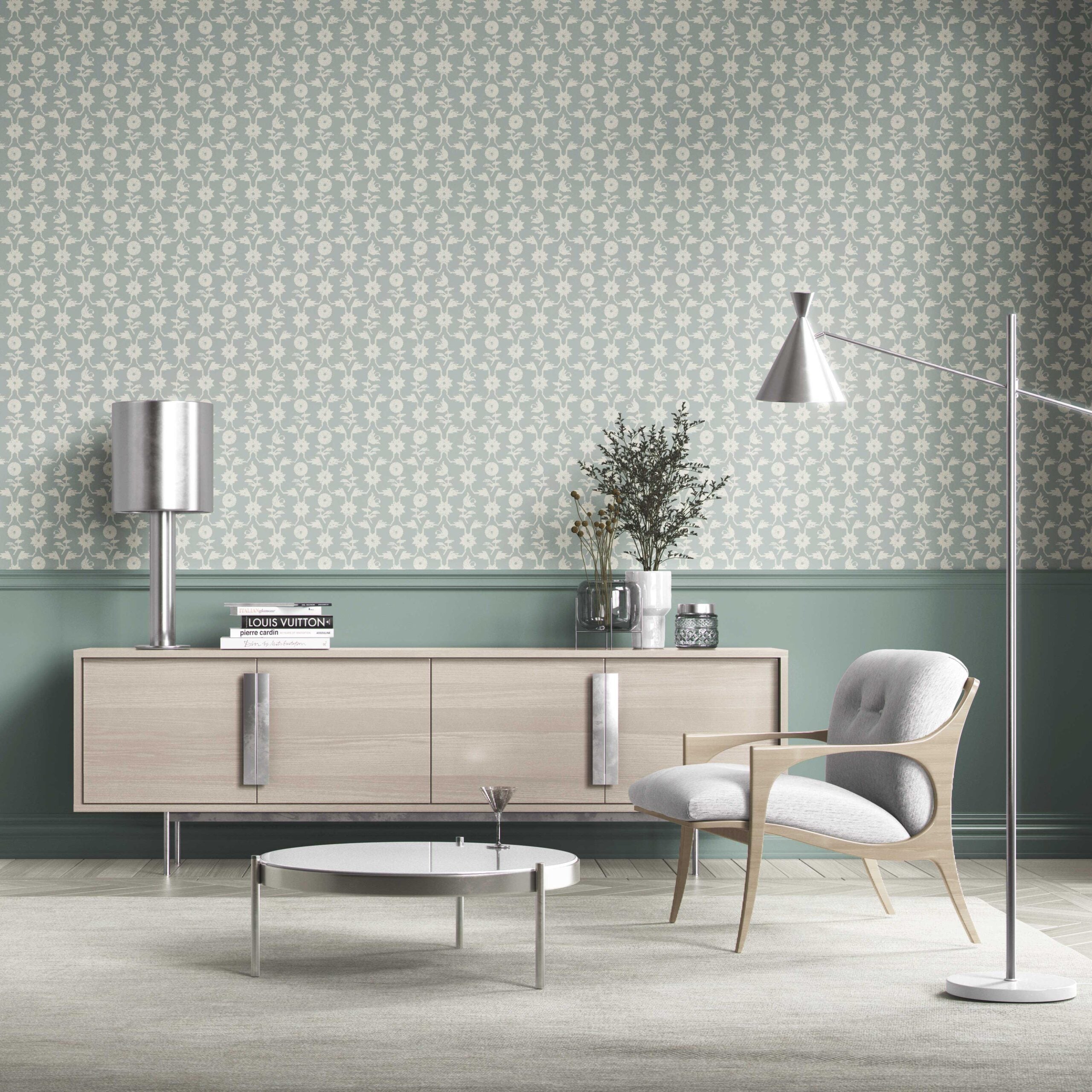 Modern Floral Botanical Kitchen Wallpaper (Duck Egg Blue/ White)