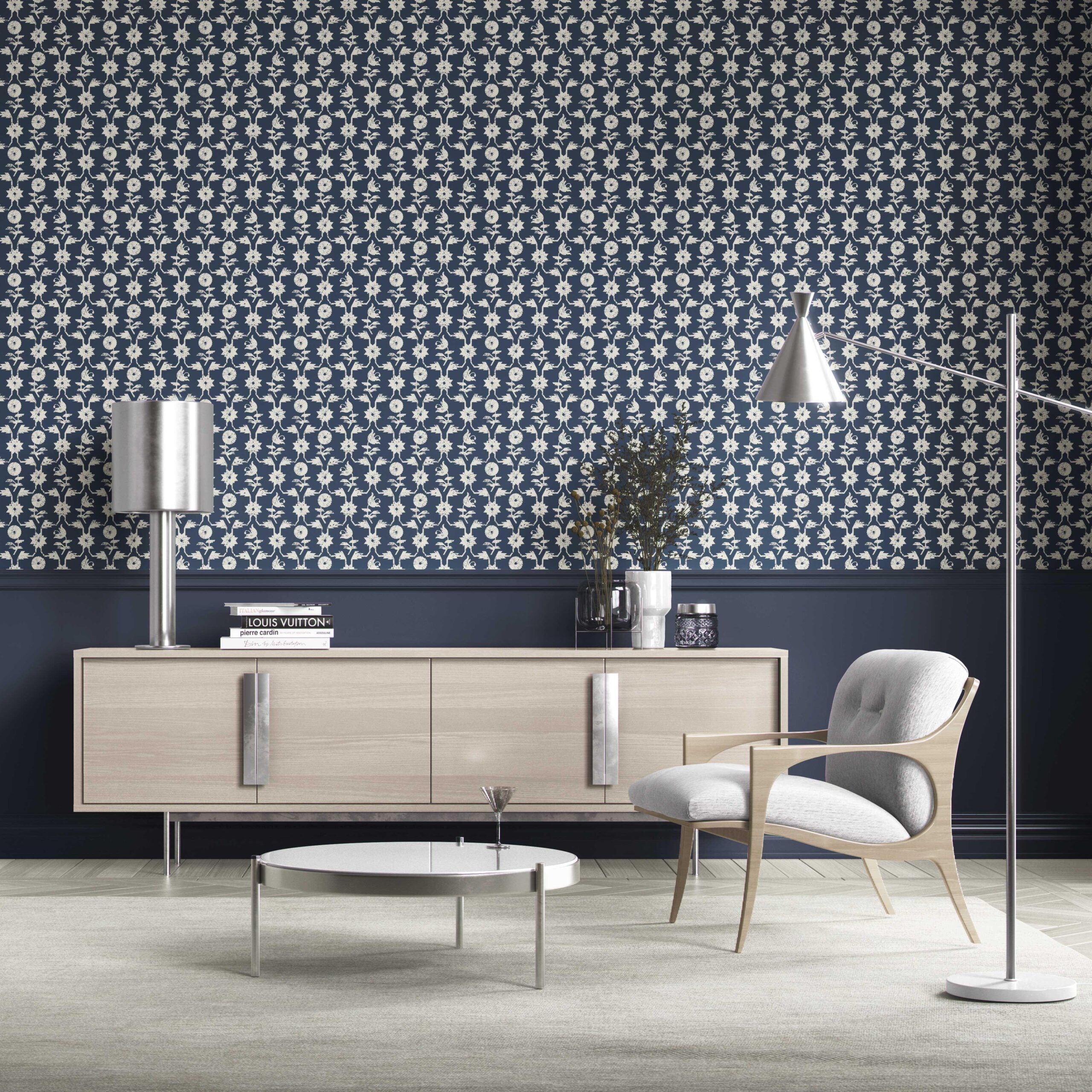 Modern Floral Botanical Kitchen Wallpaper Sample (Navy Blue/ White)