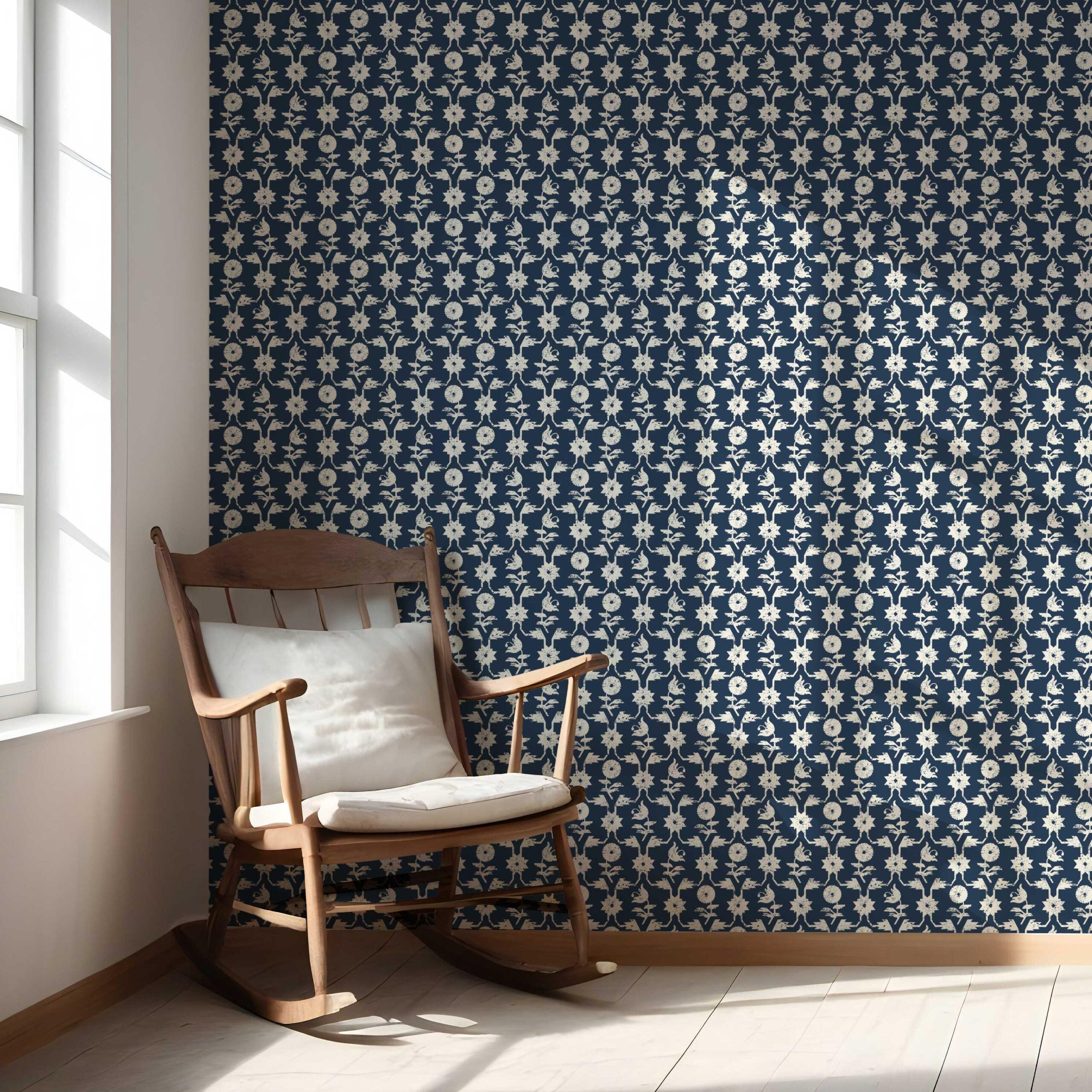 Modern Floral Botanical Nursery Wallpaper (Navy Blue/ White)