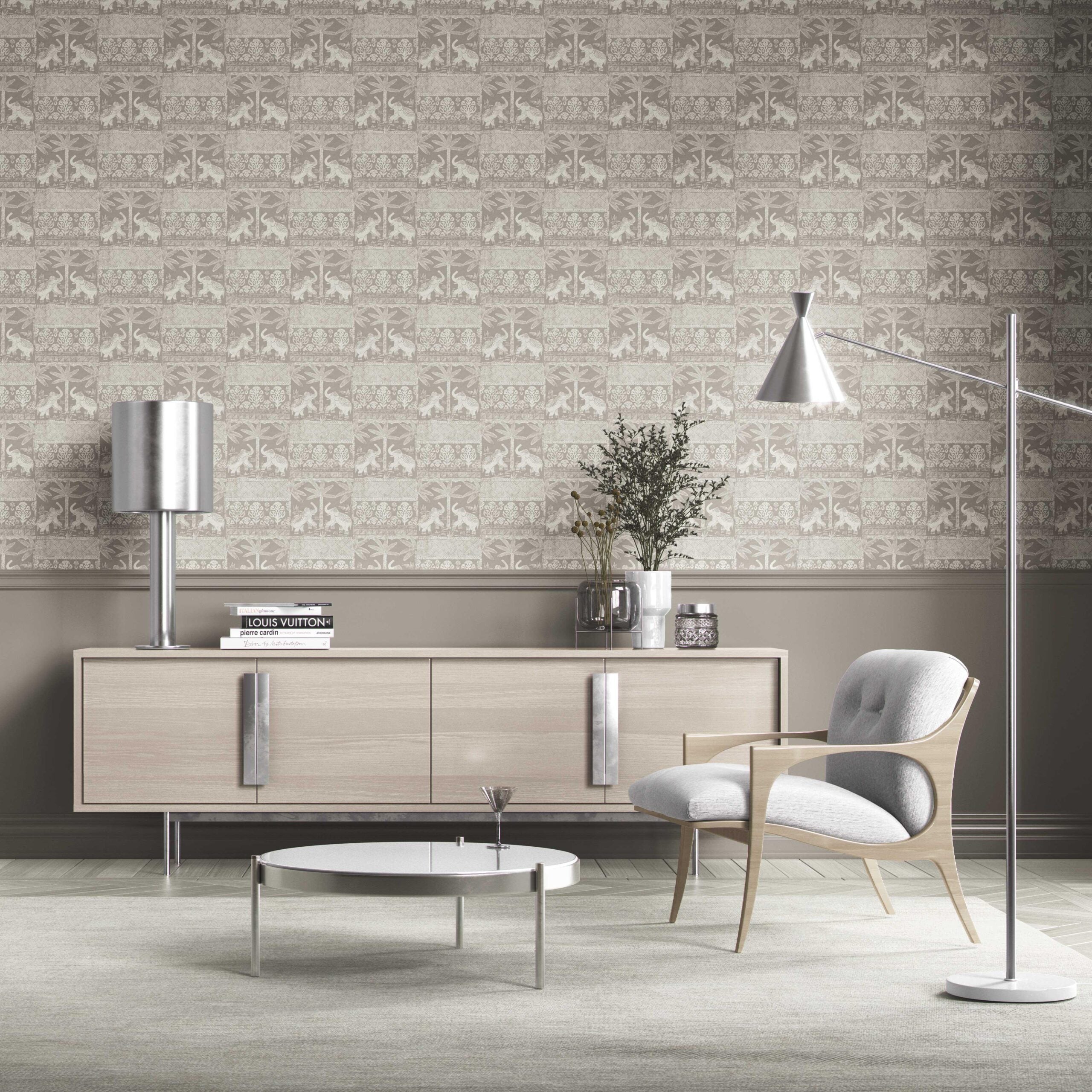Ethnic/ Heritage Elephants & Animals Print Kitchen Wallpaper (Warm Gray/ Greige/ White)
