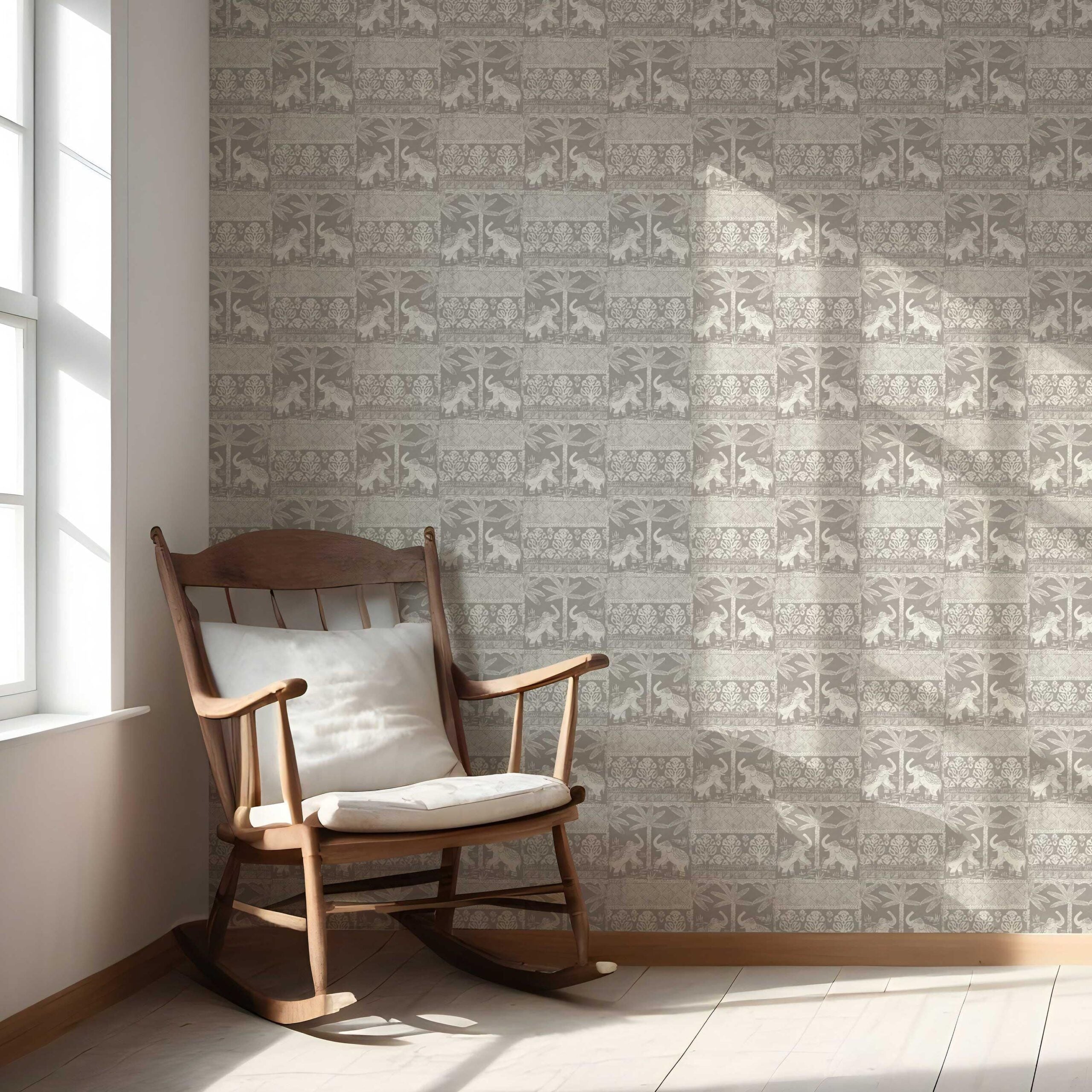 Ethnic/ Heritage Elephants & Animals Print Nursery Wallpaper (Warm Gray/ Greige/ White)