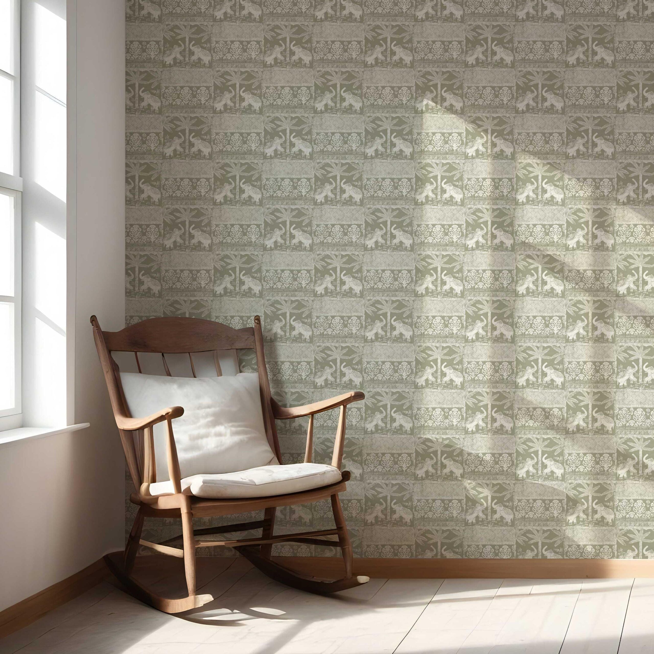 Ethnic/ Heritage Elephants & Animals Print Nursery Wallpaper (Olive Green/ White)