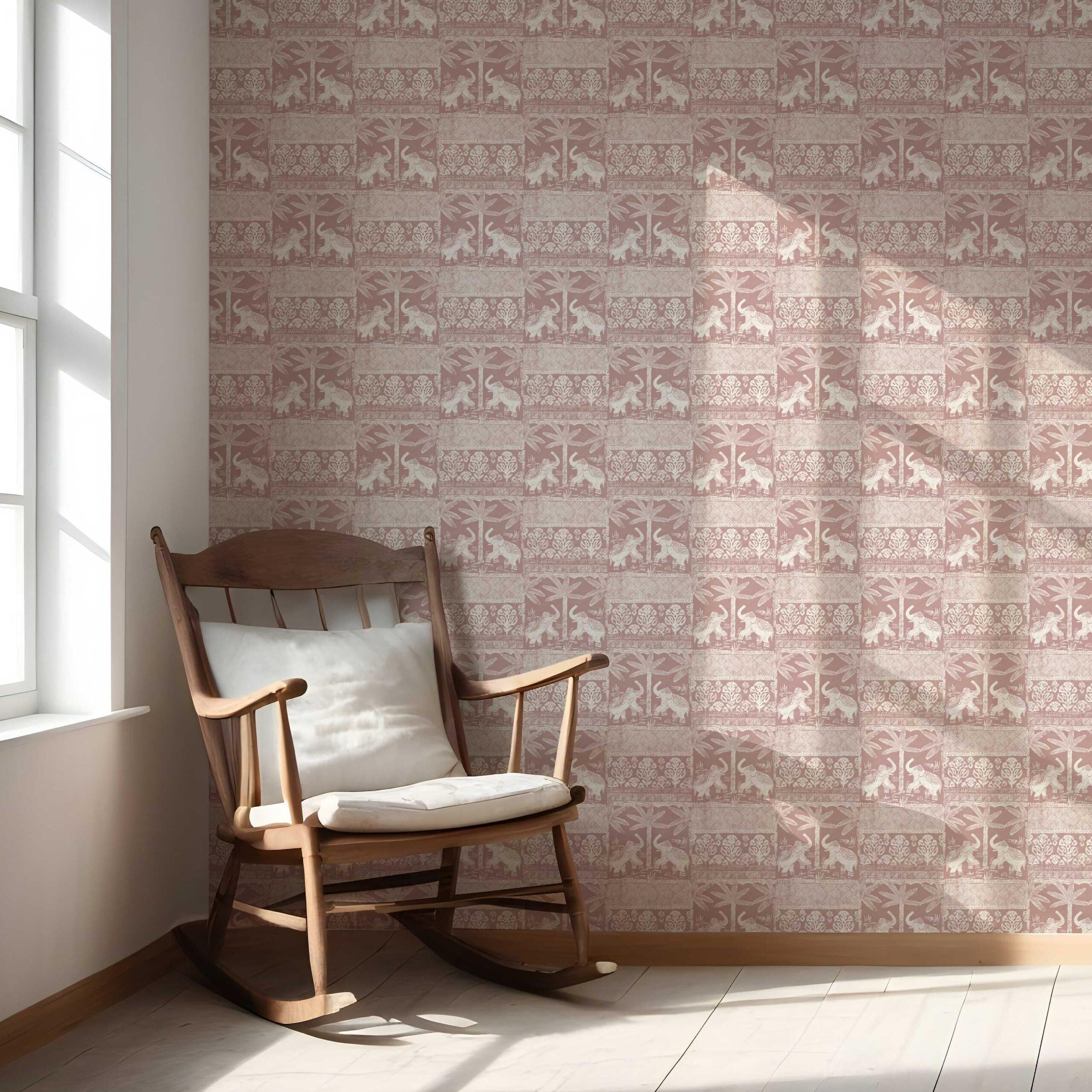 Ethnic/ Heritage Elephants & Animals Print Nursery Wallpaper (Pink/ White)
