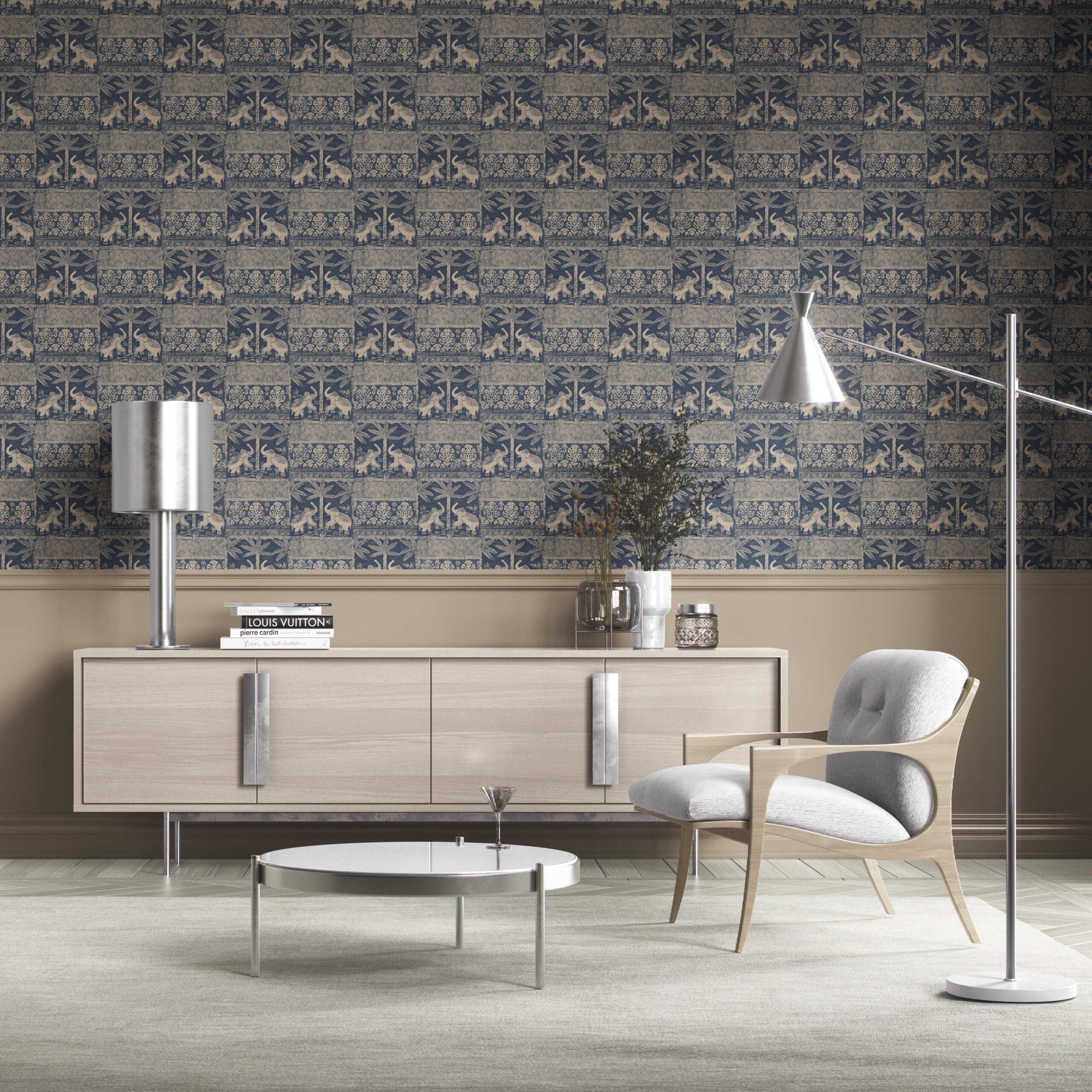 Ethnic/ Heritage Elephants & Animals Print Kitchen Wallpaper (Smoky Blue/ Beige)