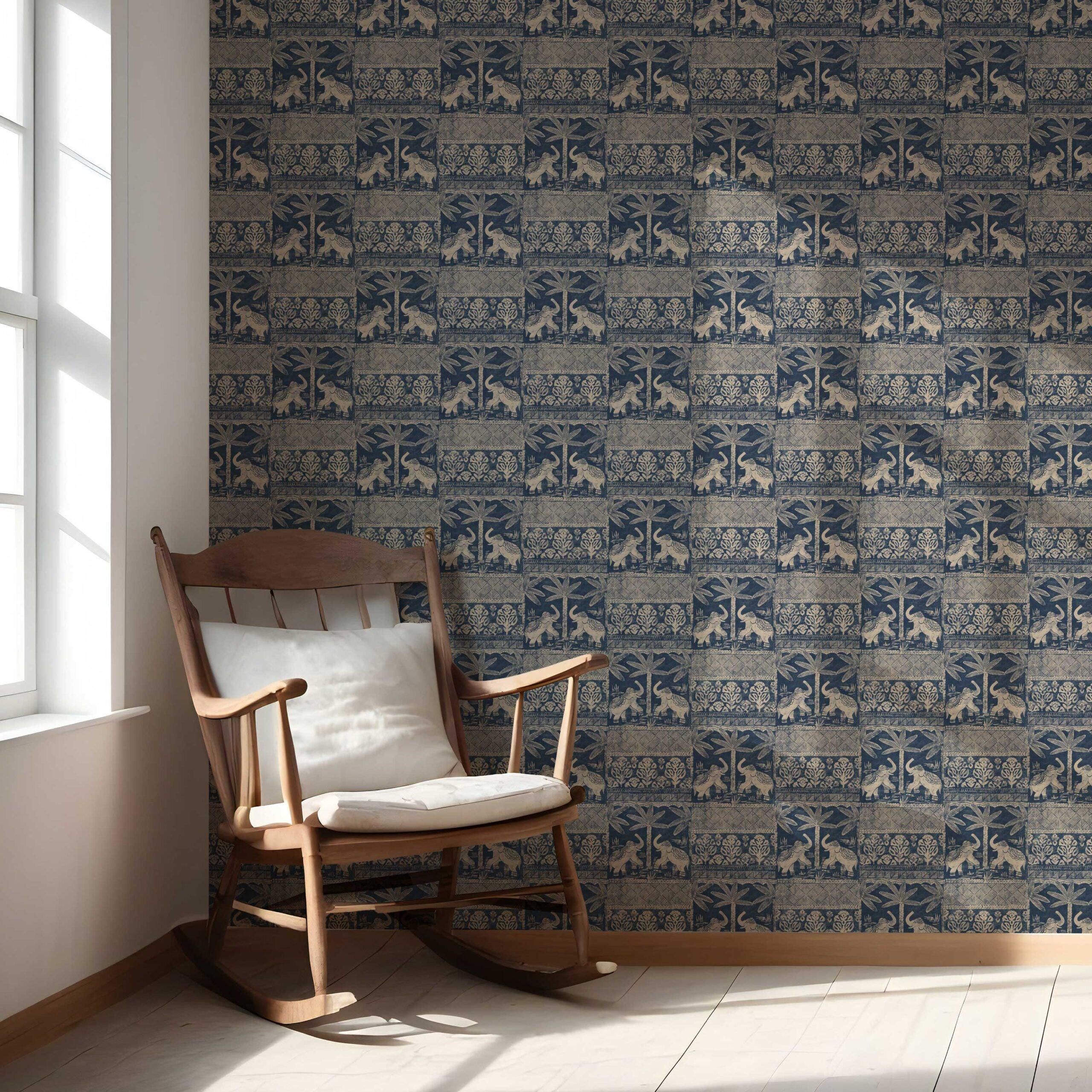 Ethnic/ Heritage Elephants & Animals Print Nursery Wallpaper (Smoky Blue/ Beige)