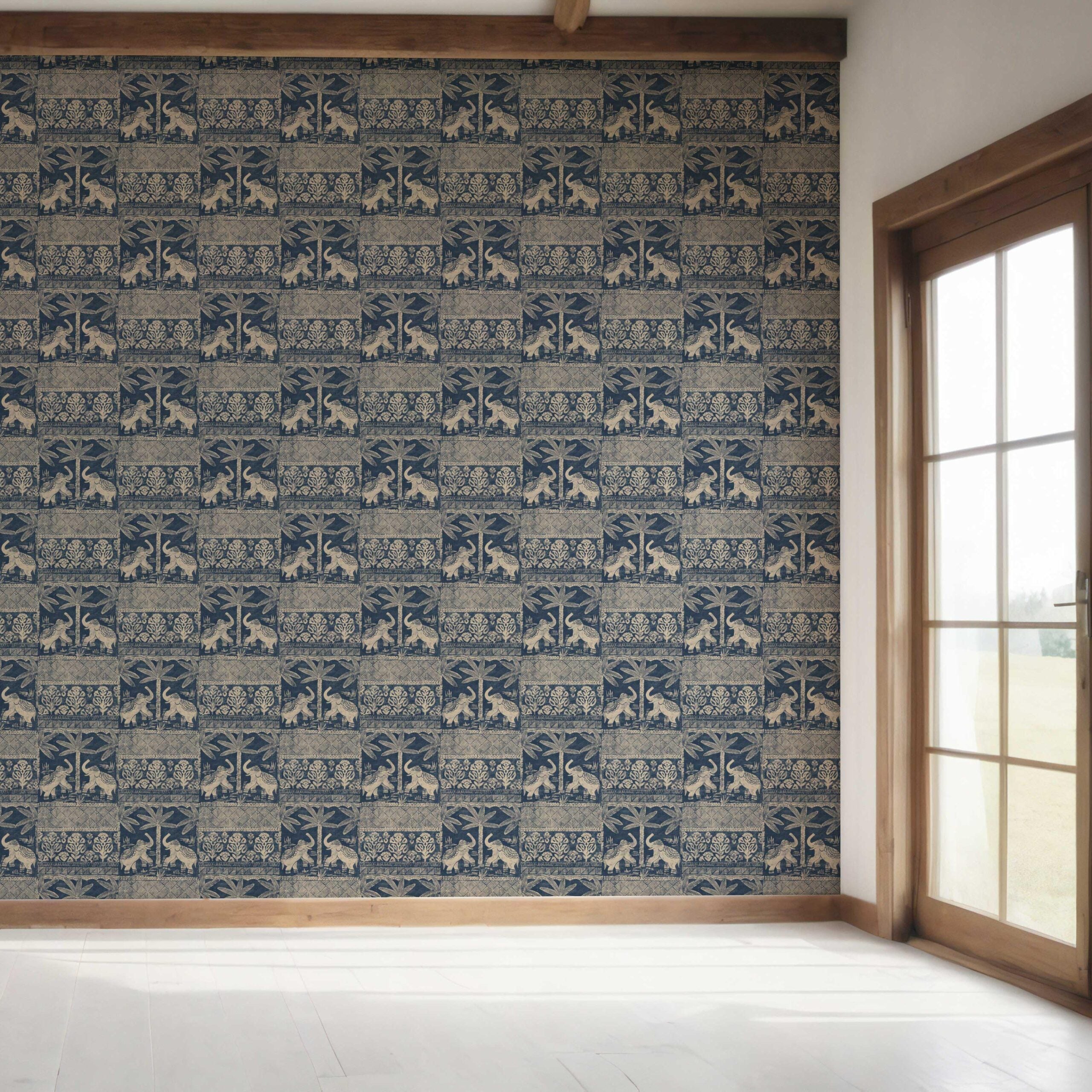 Ethnic/ Heritage Elephants & Animals Print Bedroom Wallpaper (Smoky Blue/ Beige)