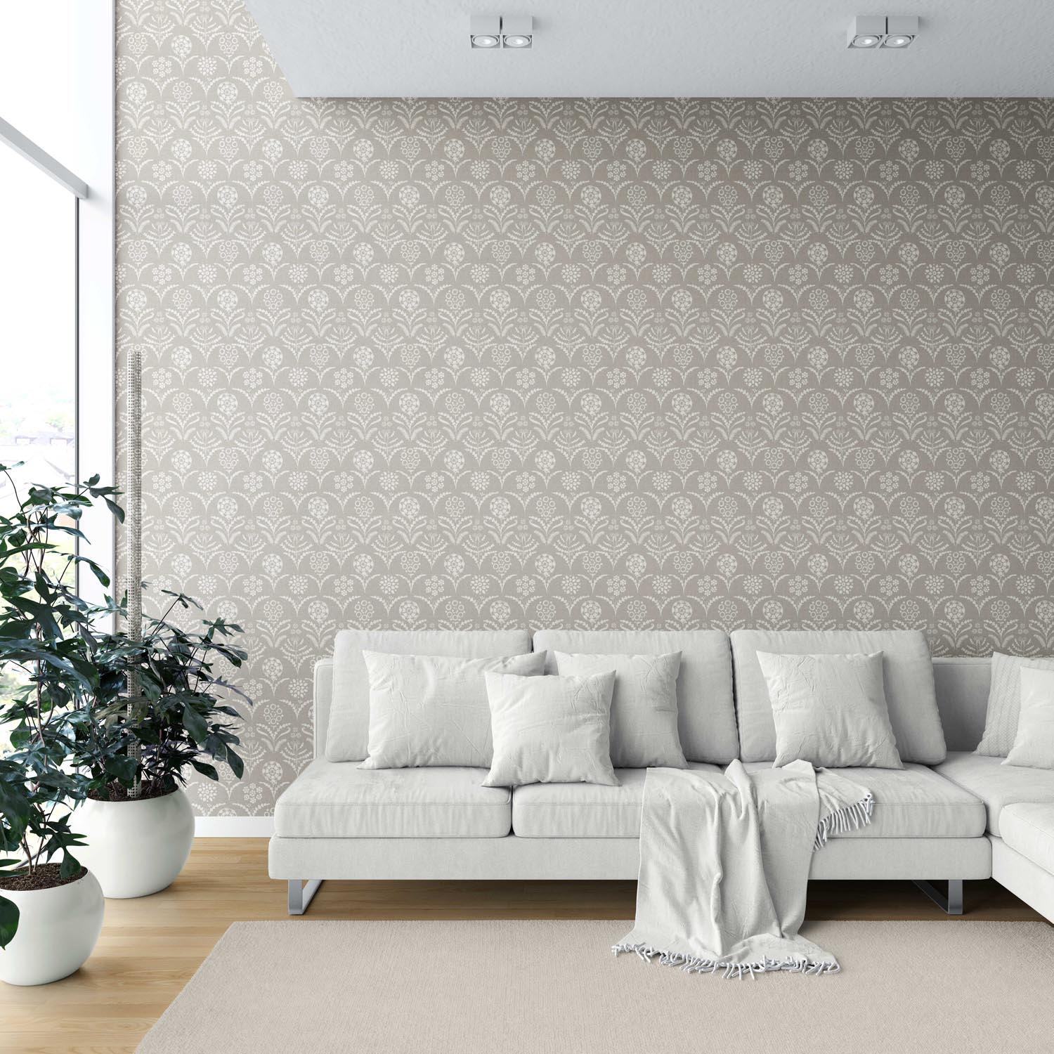 Modern Neural-Toned Floral/ Botanical Shower Toilet Wallpaper Sample (Warm Gray/ Greige/ White)