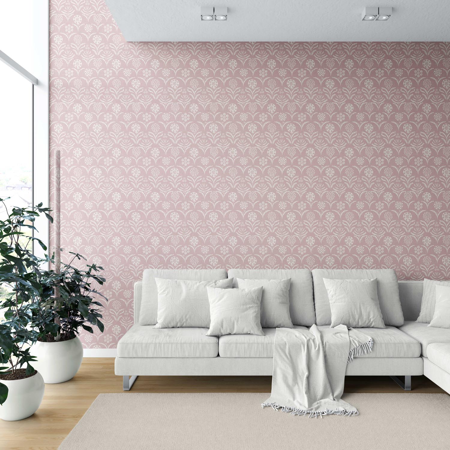 Modern Floral Botanical Shower Toilet Wallpaper Sample (Pink/ White)