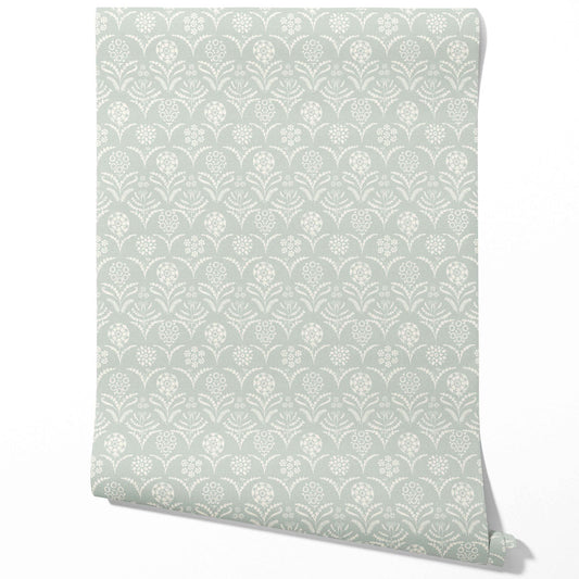 Modern Floral Botanical Traditional Wallpaper (Duck Egg Blue/ White)
