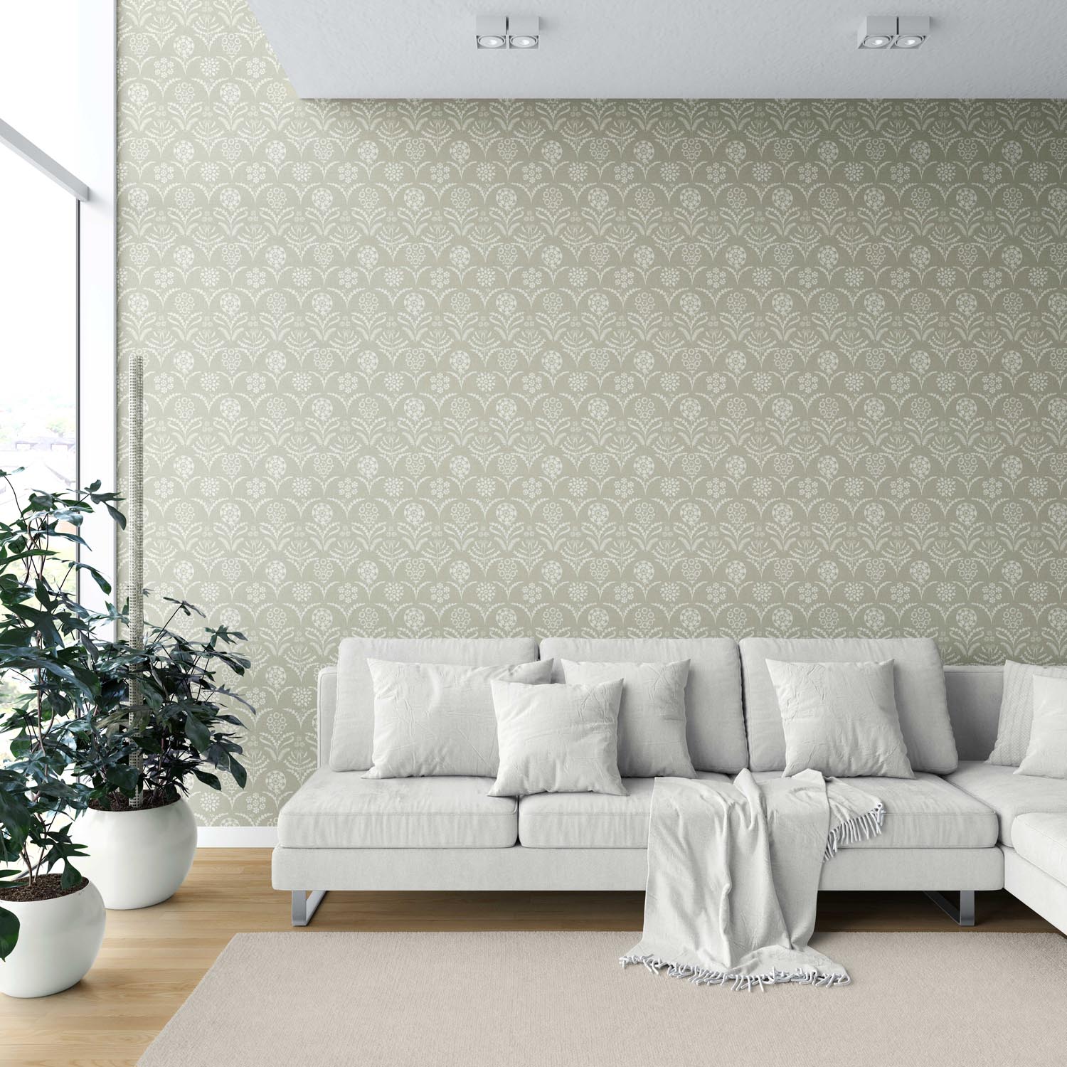 Modern Floral Botanical Shower Toilet Wallpaper Sample (Light Olive Green)