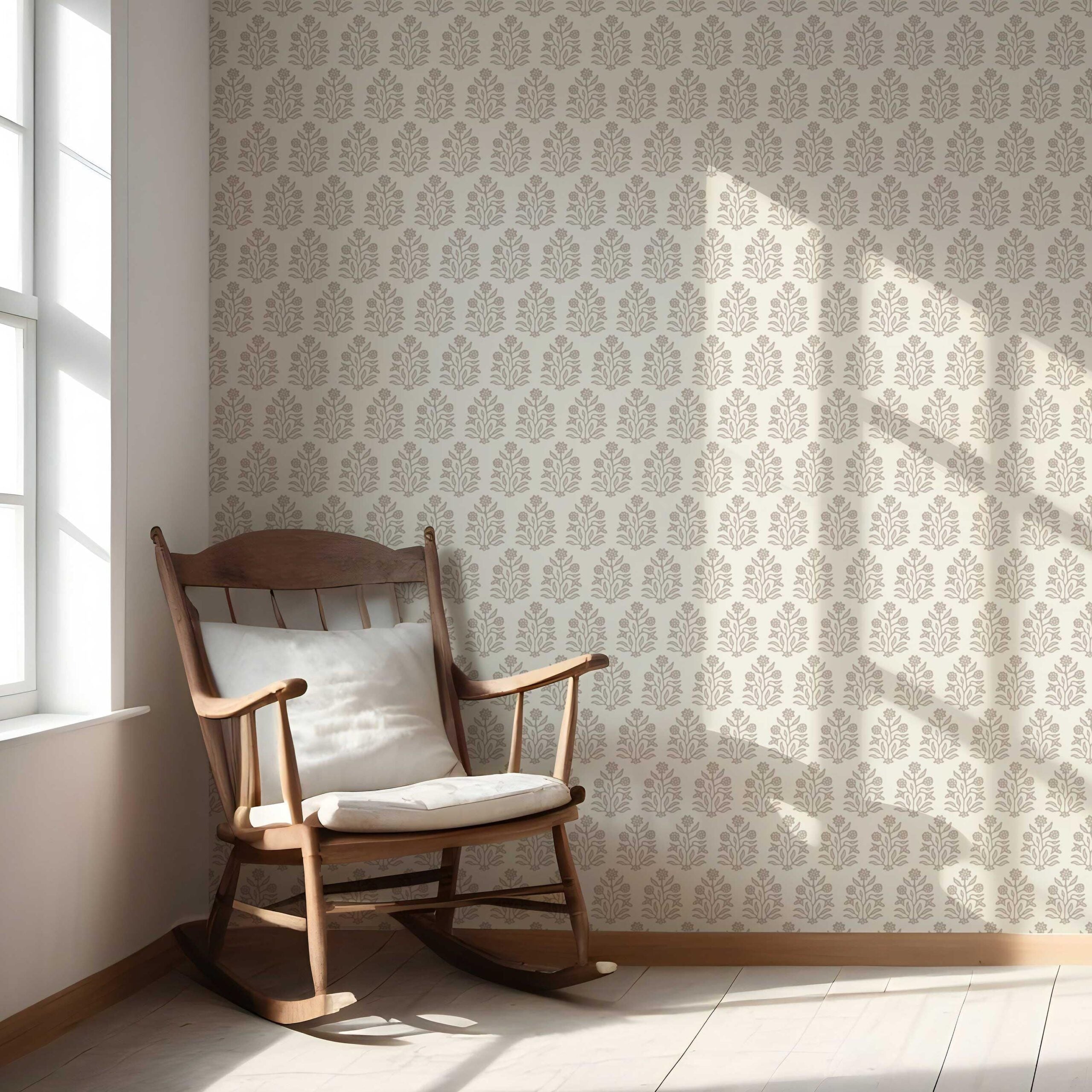 Vintage-Inspired Floral Block Print Nursery Wallpaper (Cream/ Beige/ Greige)