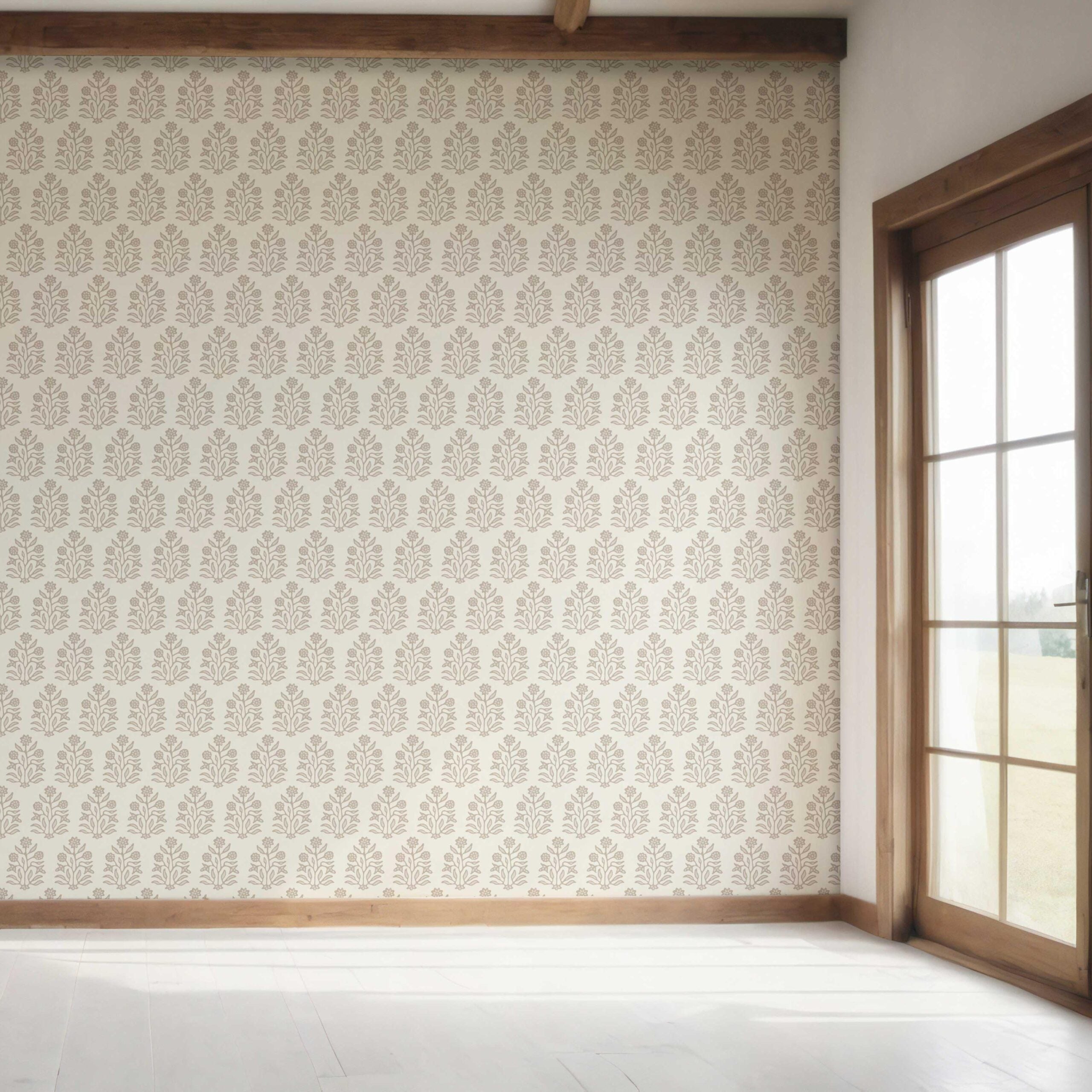 Vintage-Inspired Floral Block Print Bedroom Wallpaper (Cream/ Beige/ Greige)
