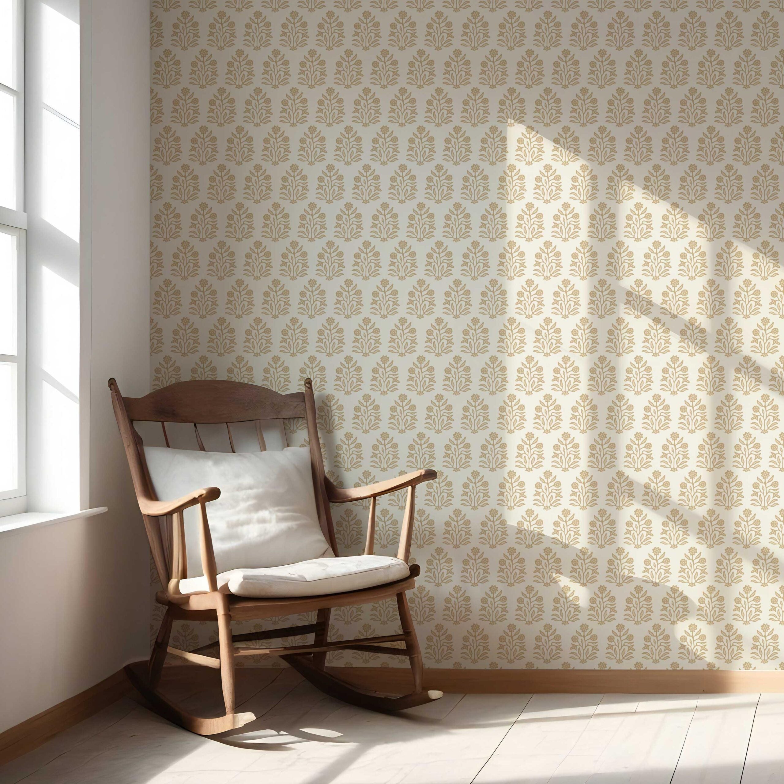 Neutral-Toned Botanical Floral Block Print Nursery Wallpaper (Yellow/ Cream)