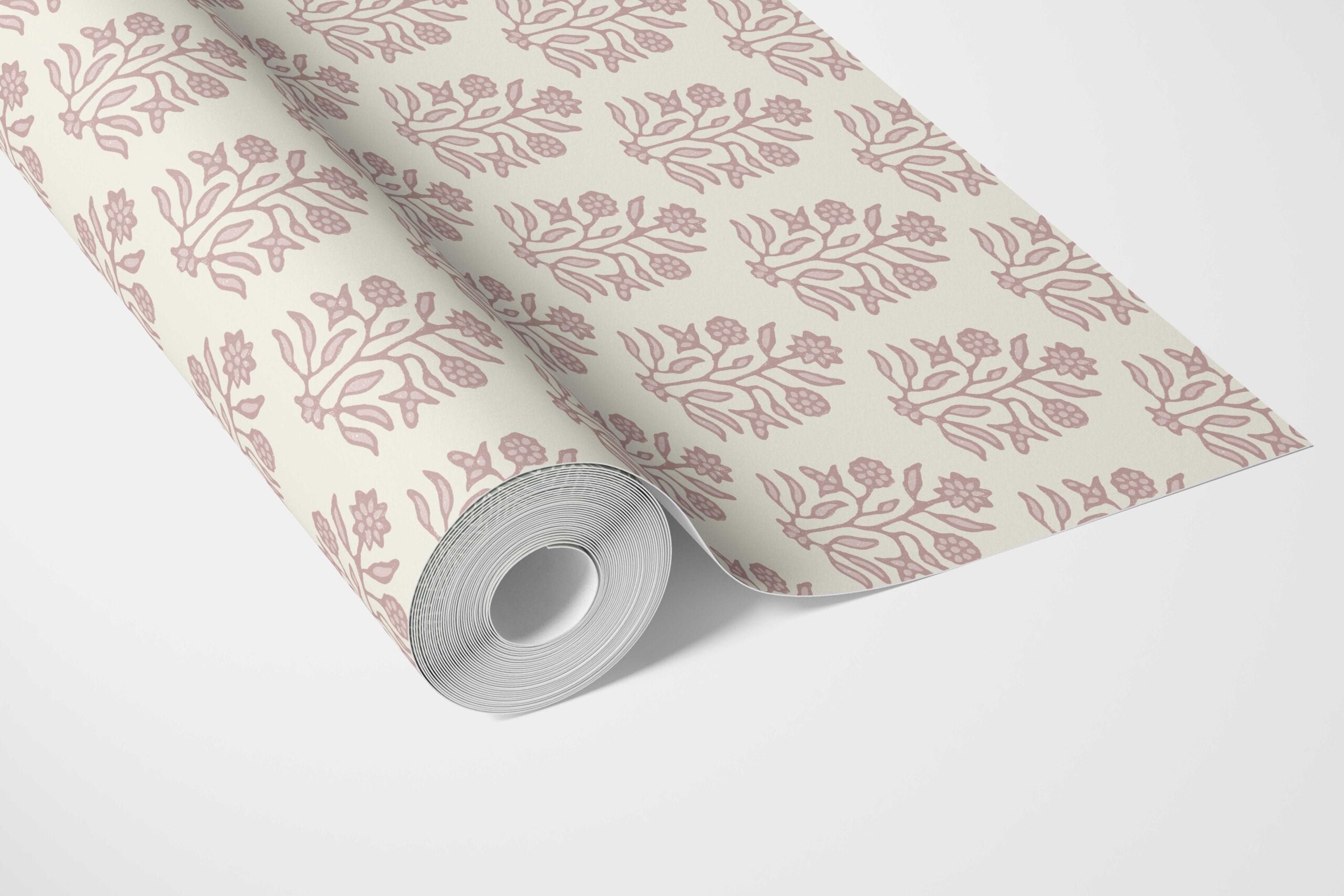 Vintage-Inspired Floral Block Print Bathroom Wallpaper (Pink/ Cream)
