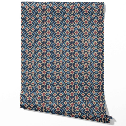 Modern Botanical Floral Traditional Wallpaper (Navy Blue/ Pink/ Beige)