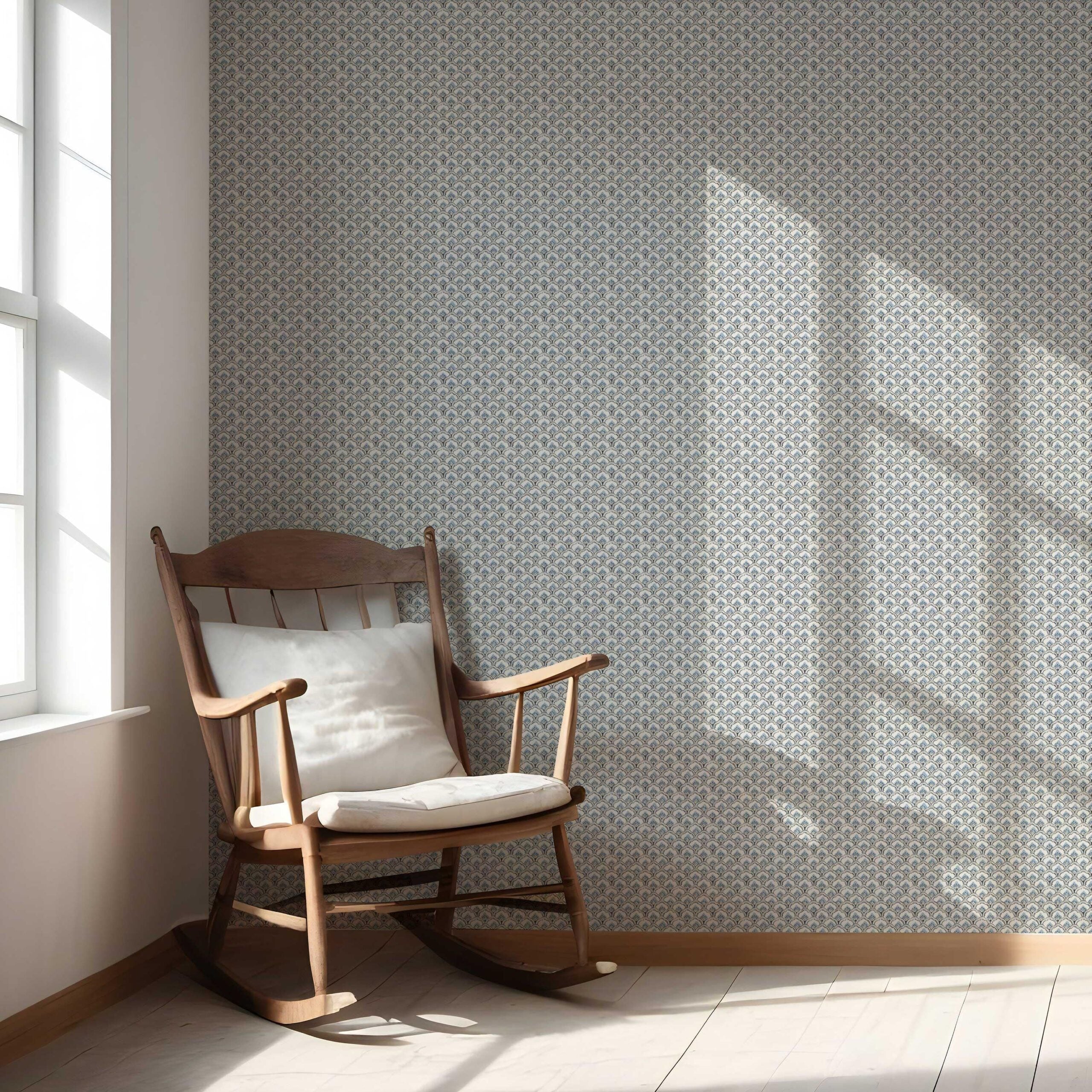 Small-Scale Floral Lattice Nursery Wallpaper Sample (Blue/ Gray/ White)