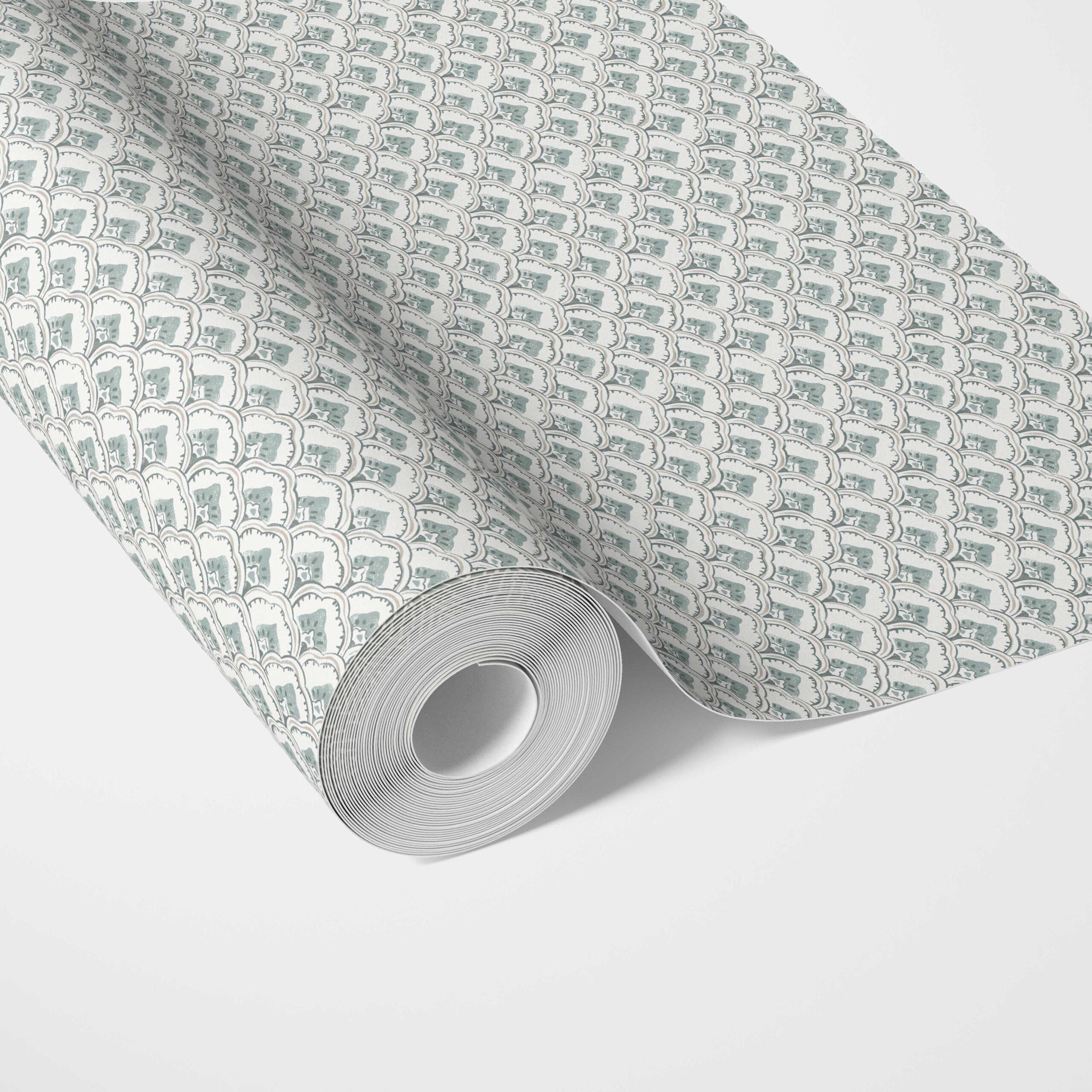 Small-Scale Floral Lattice Traditional Wallpaper (Blue-Green/ White)