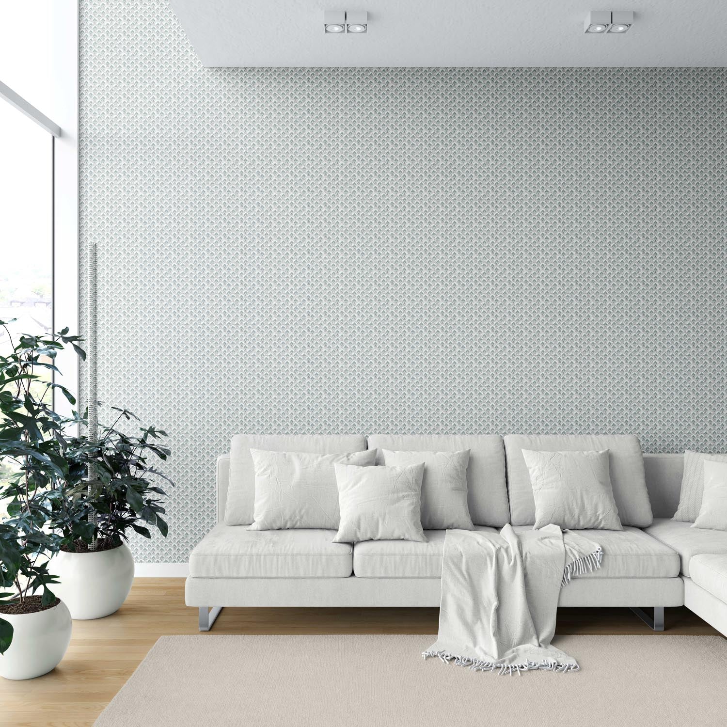 Small-Scale Floral Lattice Shower Toilet Wallpaper Sample (Blue-Green/ White)