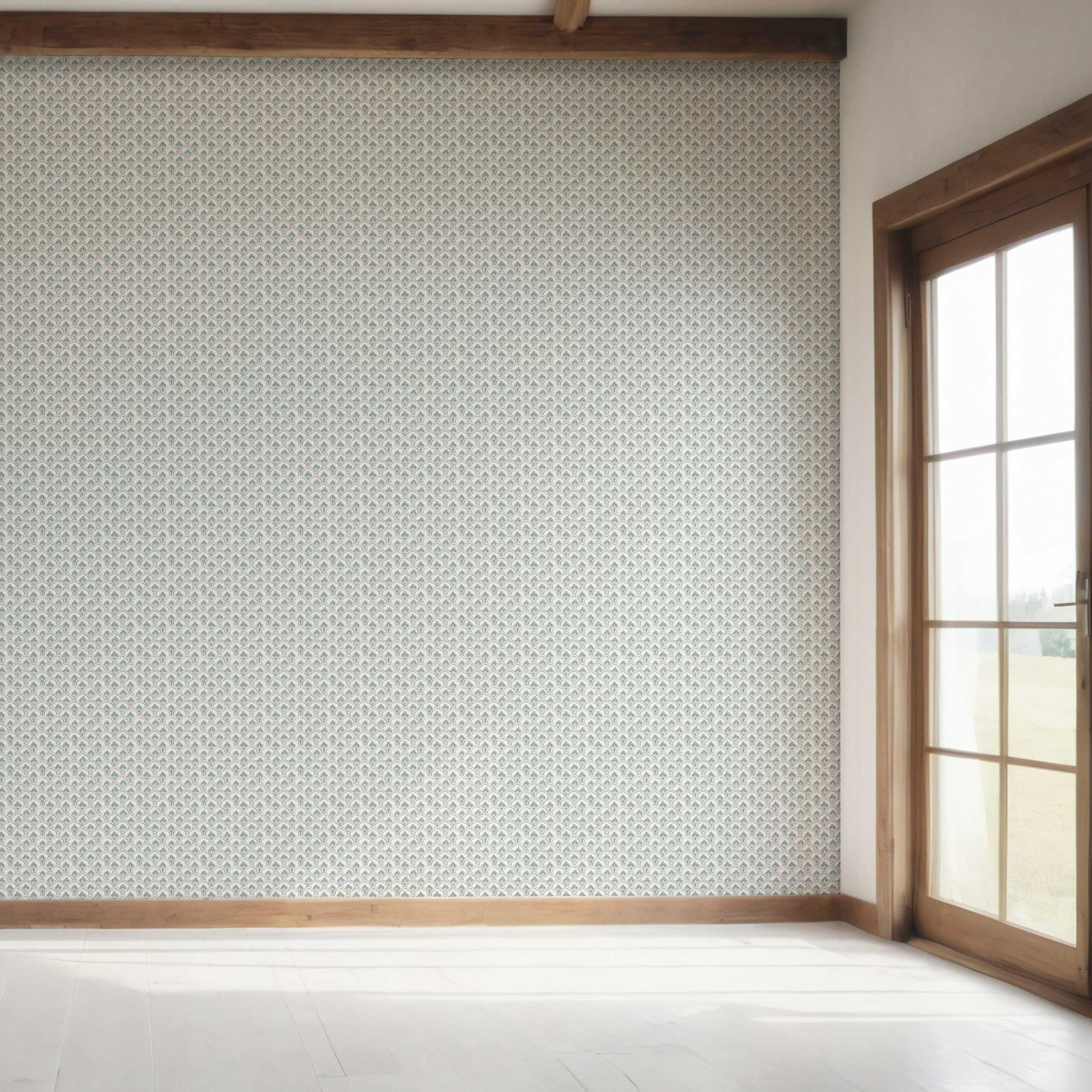 Small-Scale Floral Lattice Bedroom Wallpaper (Blue-Green/ White)