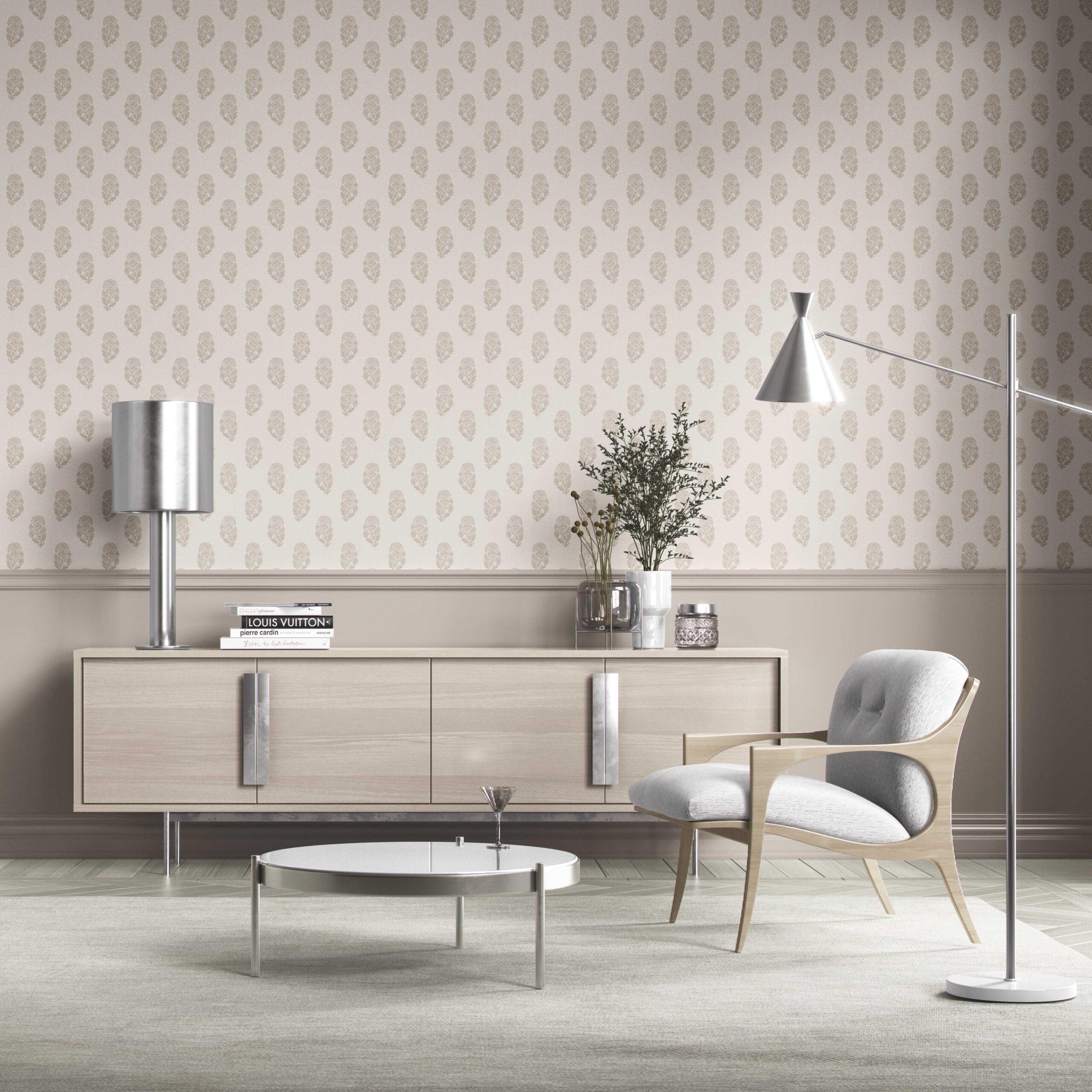 Neutral Botanical/ Floral Block Print Kitchen Wallpaper (Beige/ Greige/ Cream)