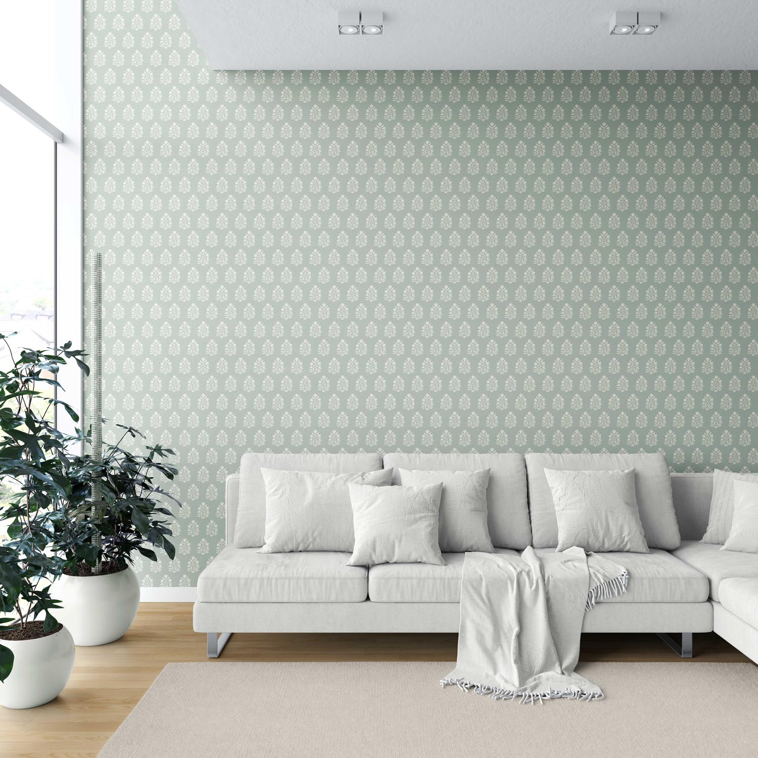 Vintage-Inspired Botanical Floral Block Print Shower Toilet Wallpaper Sample (Duck Egg Blue/ Cream)