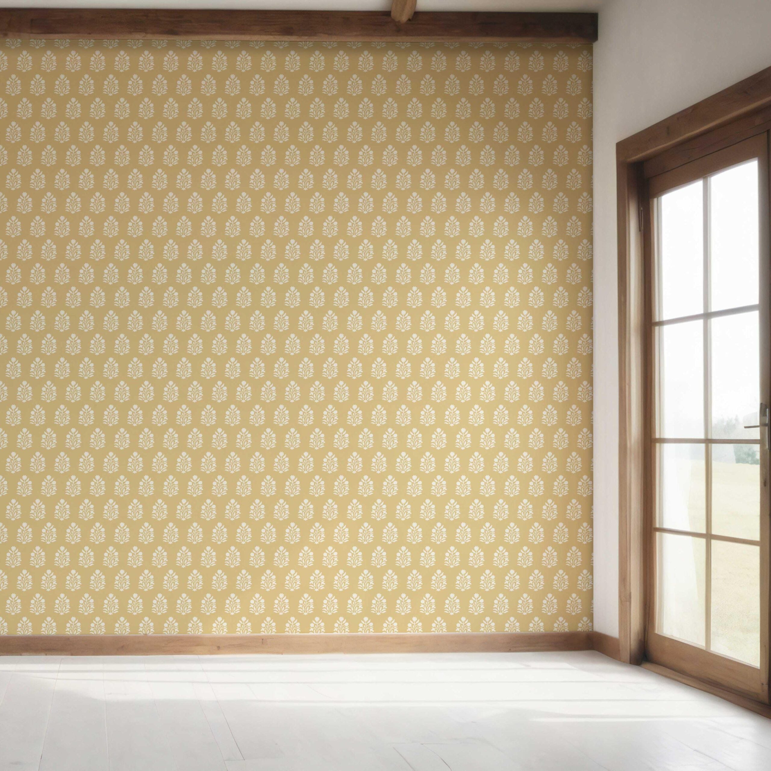 Vintage-Inspired Botanical Floral Block Print Bedroom Wallpaper (Yellow/ Cream)