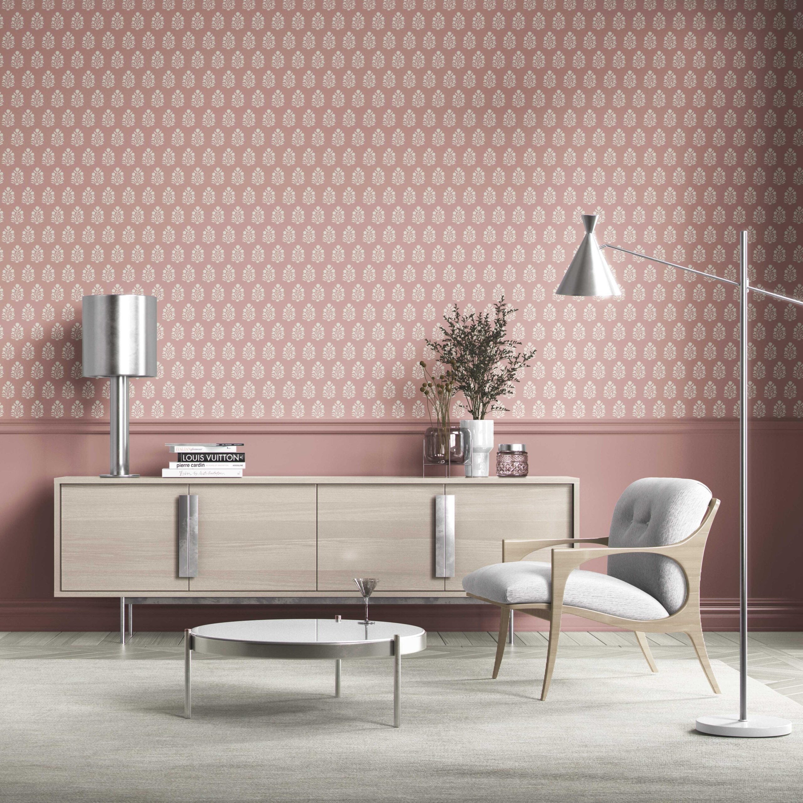 Vintage-Inspired Botanical Floral Block Print Kitchen Wallpaper Sample (Pink/ Cream)