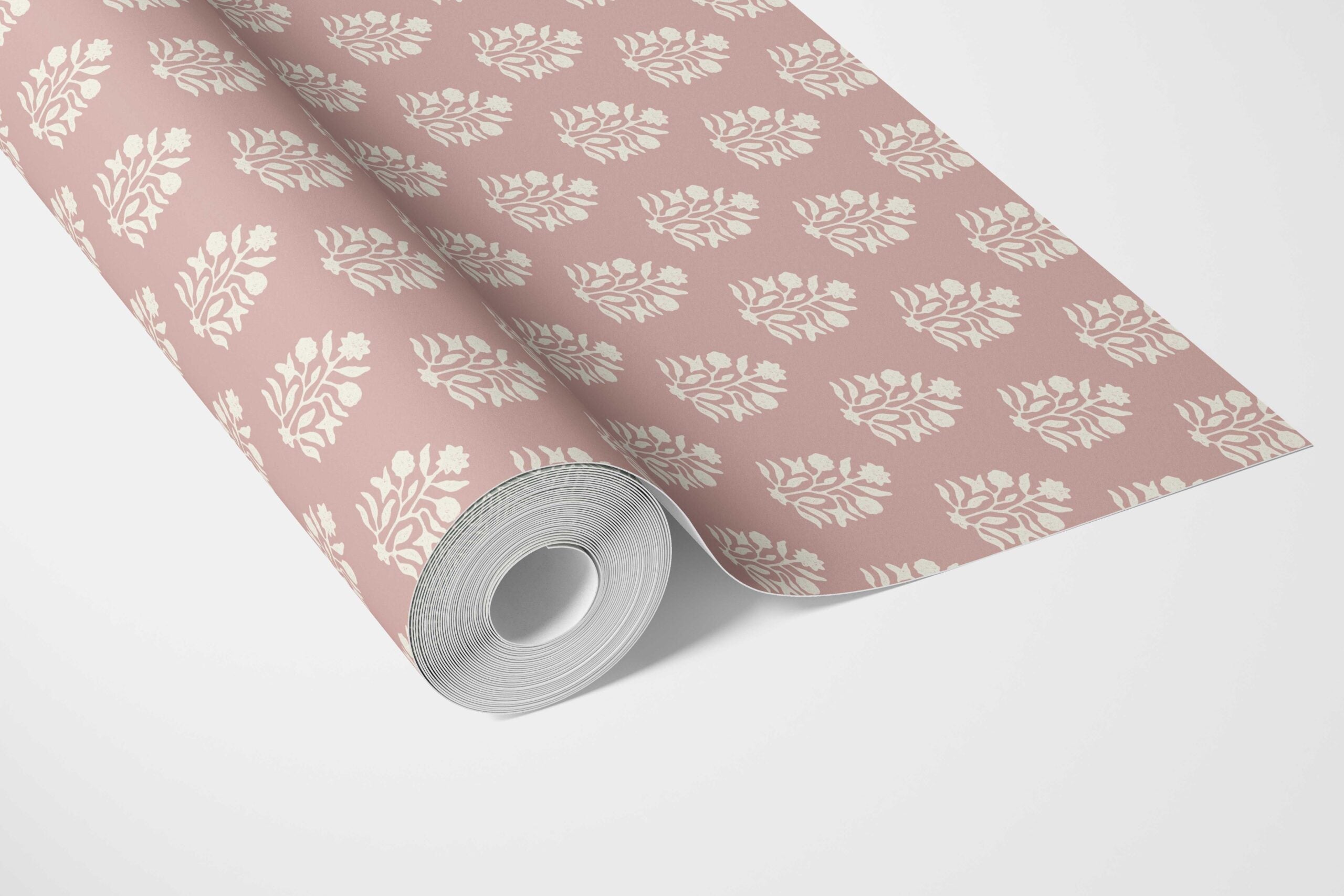 Vintage-Inspired Botanical Floral Block Print Bathroom Wallpaper Sample (Pink/ Cream)