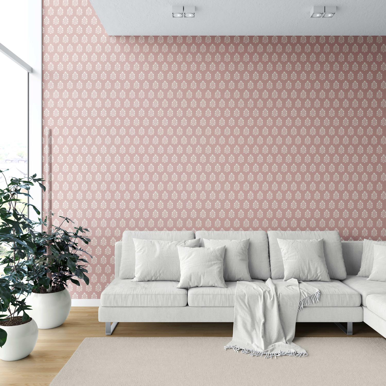 Vintage-Inspired Botanical Floral Block Print Shower Toilet Wallpaper Sample (Pink/ Cream)
