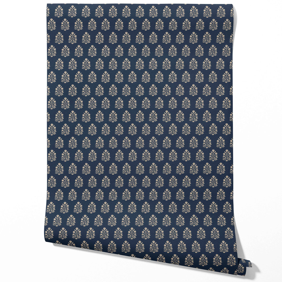 Vintage-Inspired Botanical Floral Block Print Traditional Wallpaper (Navy Blue/ Beige)