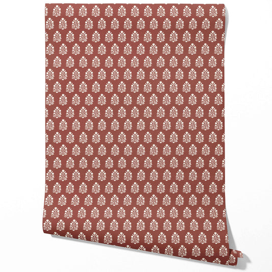 Vintage-Inspired Botanical Floral Block Print Traditional Wallpaper (Brick Red/ White)
