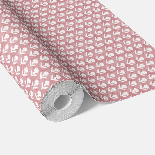 Small Floral Block Print Traditional Wallpaper (Pink/ White)