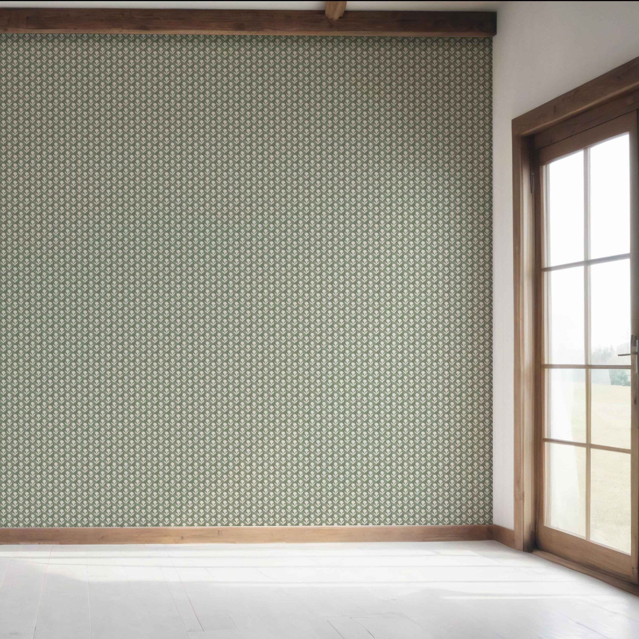 Small Floral Block Print Bedroom Wallpaper Sample (Green/ White)
