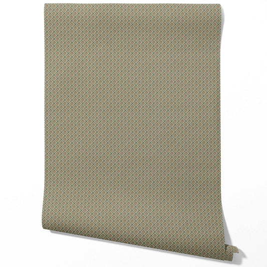 Small Floral Geometric Lattice Traditional Wallpaper (Olive Green/ Brown)