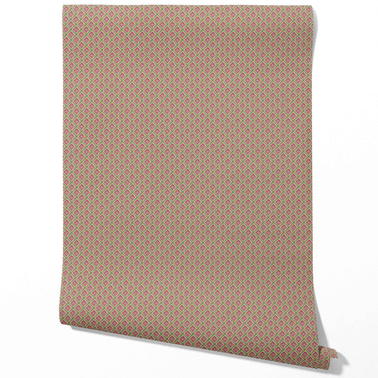Small Floral Geometric Lattice Traditional Wallpaper (Pink/ Green)