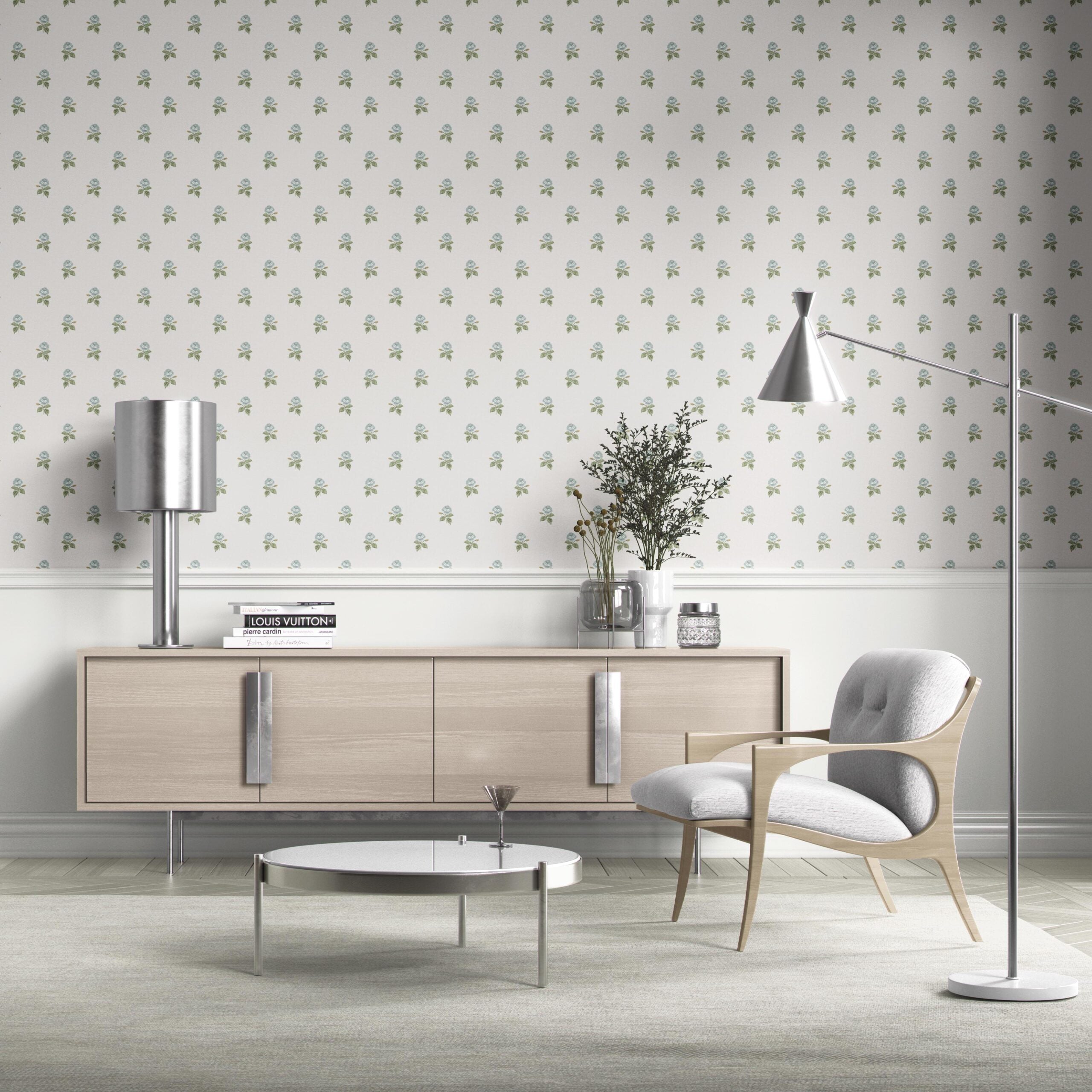 Vintage-Inspired Floral Block Print Bathroom Wallpaper (Blue/ Green/ White)