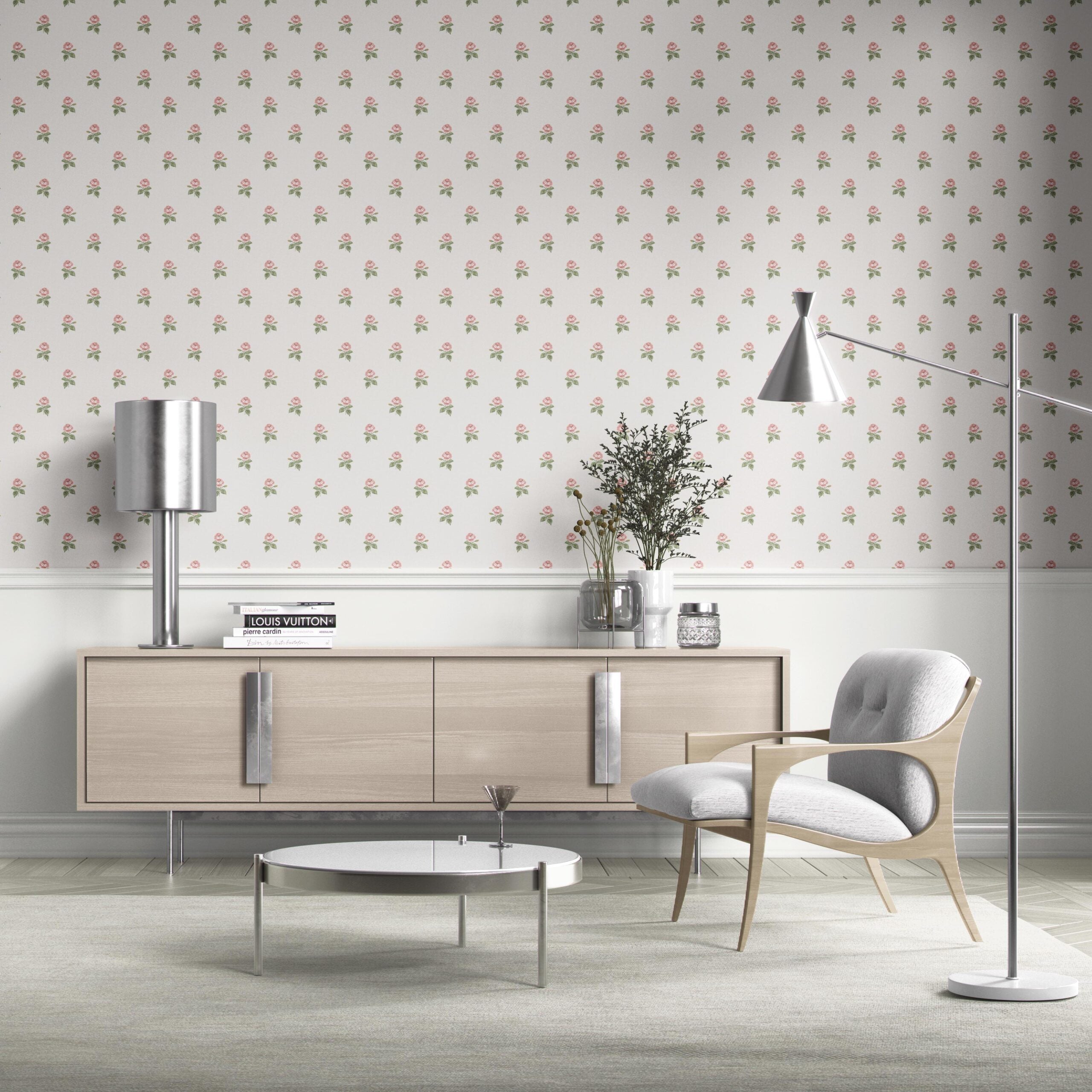 Vintage-Inspired Floral Block Print Bathroom Wallpaper (Pink/ Green/ White)