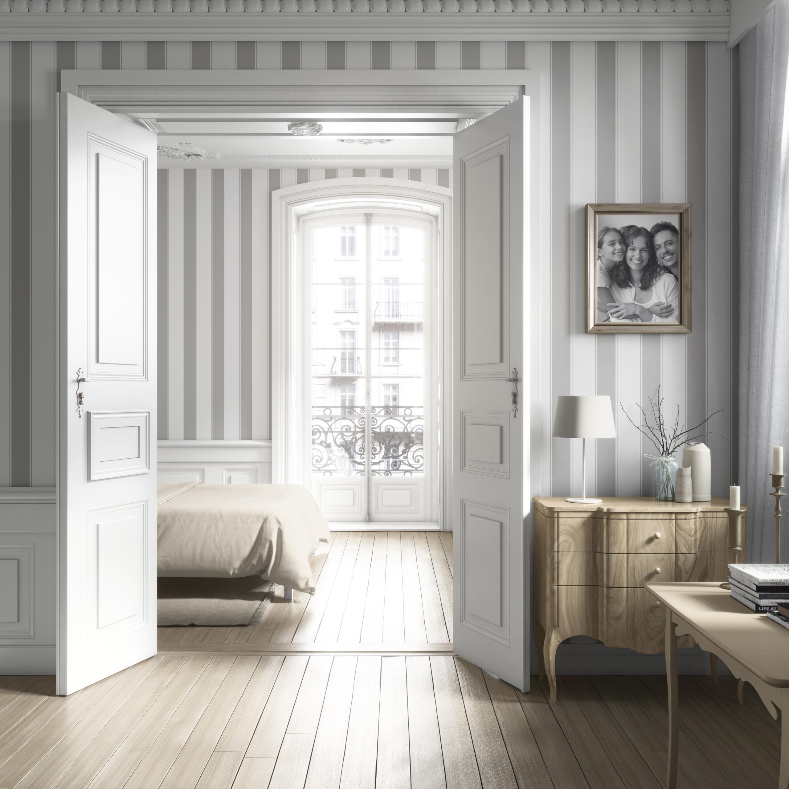 Neutral Geometric Striped Nursery Wallpaper (Gray/ White)