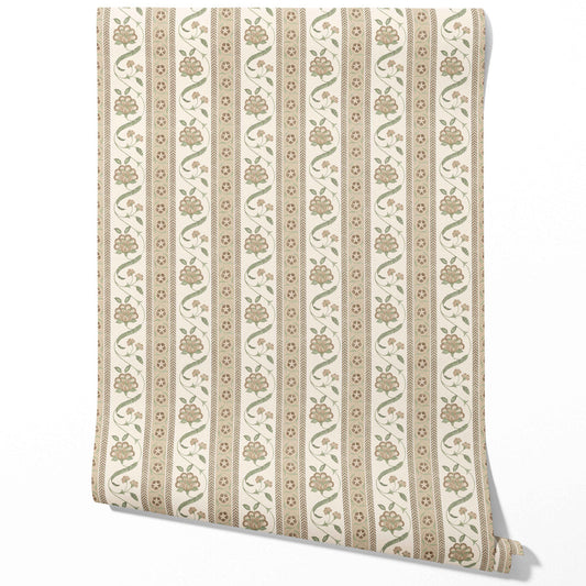 Neutral Floral Botanical Striped Traditional Wallpaper (Beige/ Brown/ Green)
