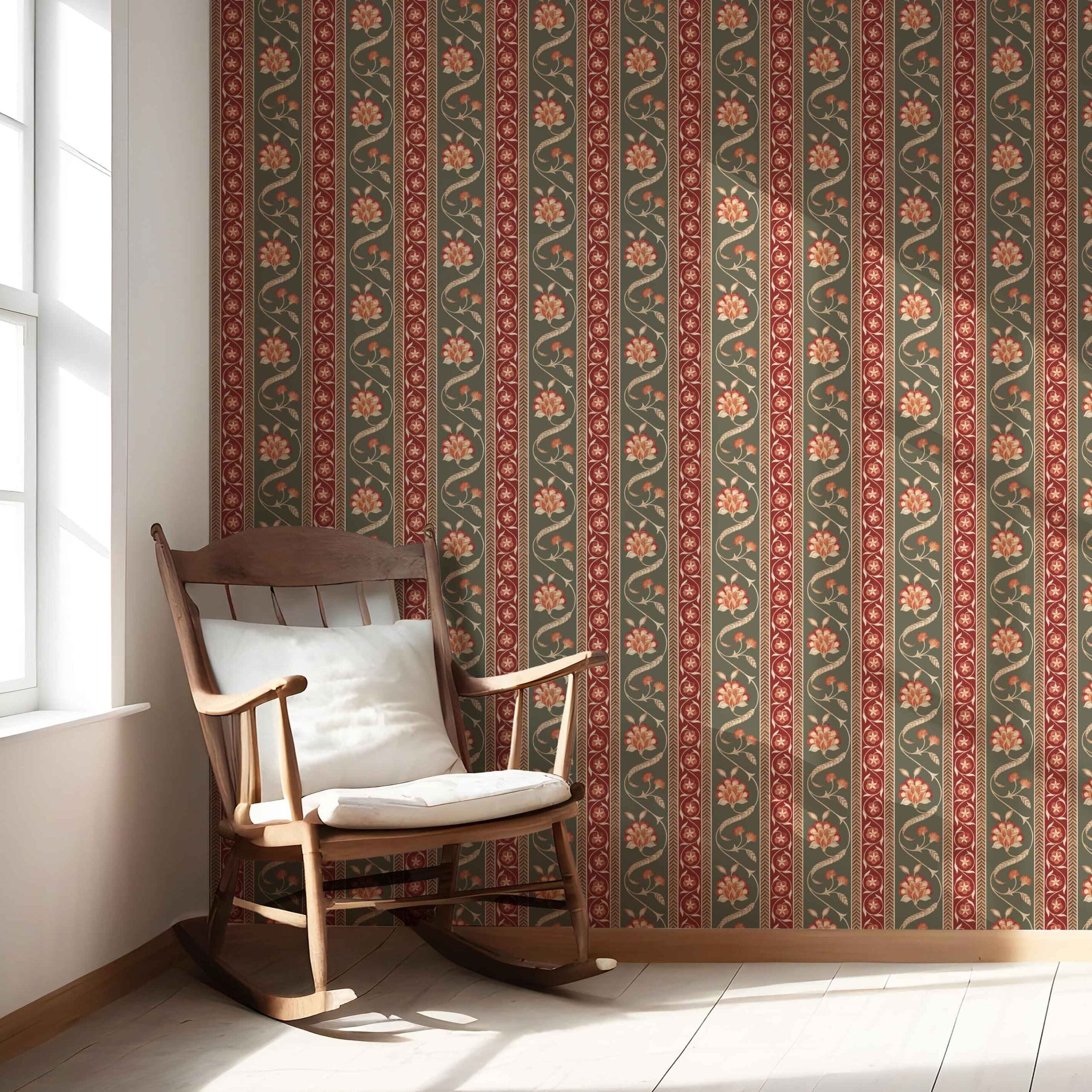 Floral Botanical Striped Kitchen Wallpaper (Olive Green/ Red/ Maroon/ Beige)