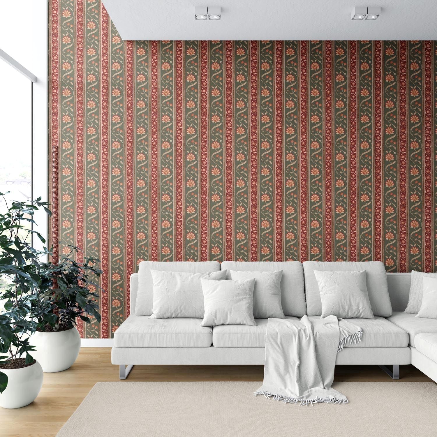 Floral Botanical Striped Shower Toilet Wallpaper (Olive Green/ Red/ Maroon/ Beige)