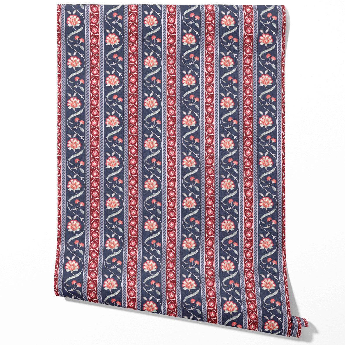 Floral Botanical Striped Traditional Wallpaper (Navy Blue/ Red/ Gray)