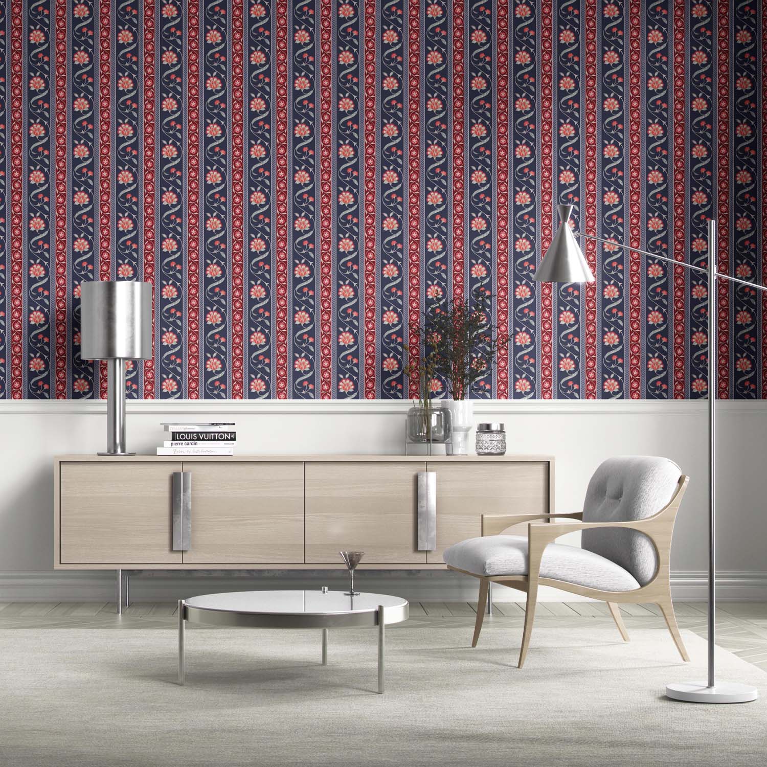 Floral Botanical Striped Kitchen Wallpaper (Navy Blue/ Red/ Gray)