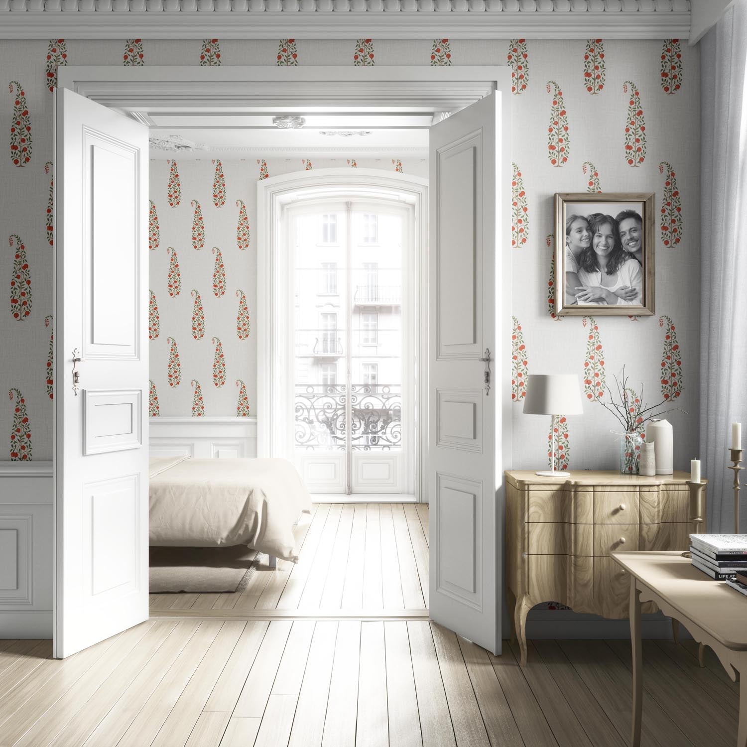 Ethnic/ Vintage-Inspired Floral Paisley Nursery Wallpaper (Red/ Green/ Off-White)