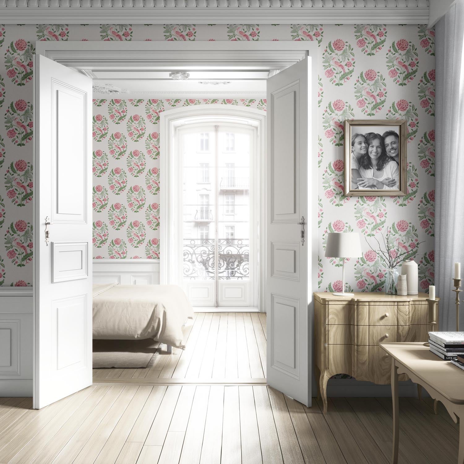 Birds/ Floral Block Print Living Room Wallpaper Sample (Pink/ Green)