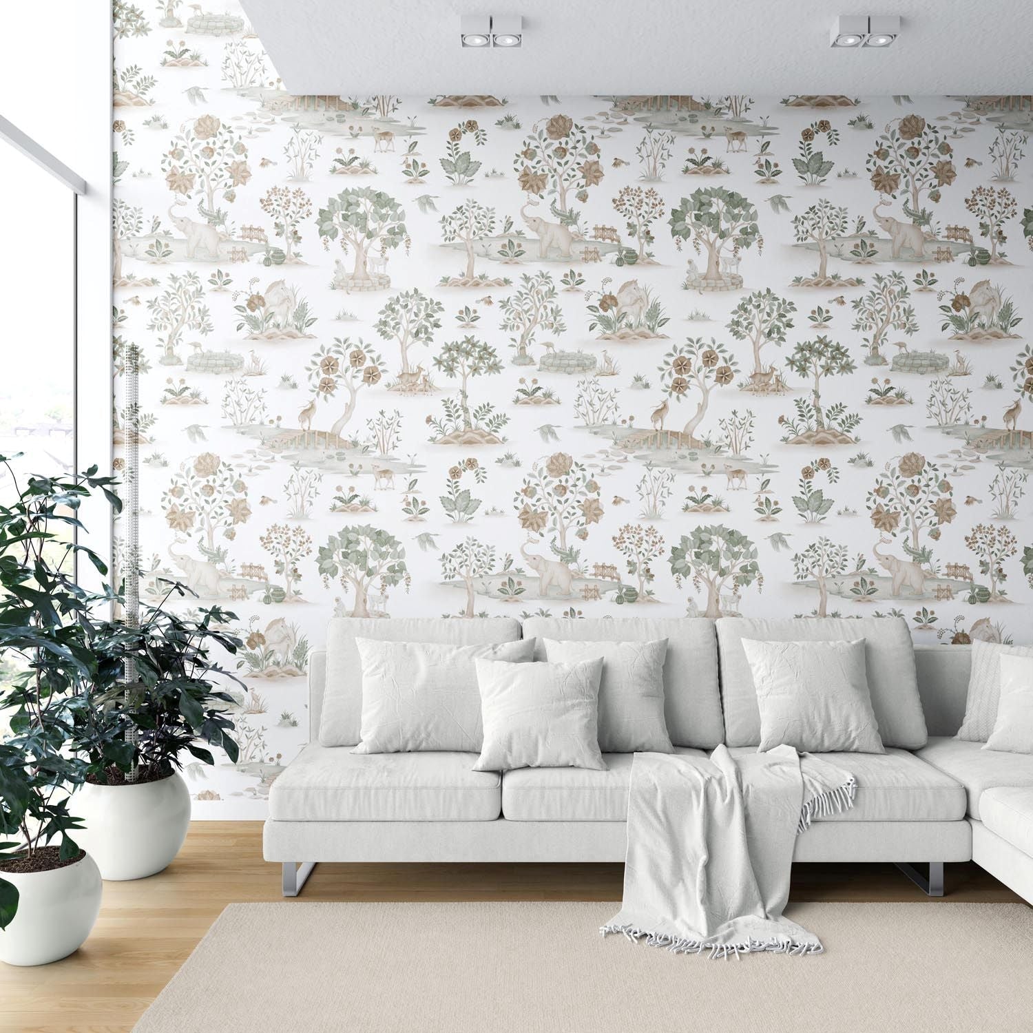 Modern Floral Botanical/ Nature Print Shower Toilet Wallpaper (White/ Beige/ Green/ Brown/ Gray)