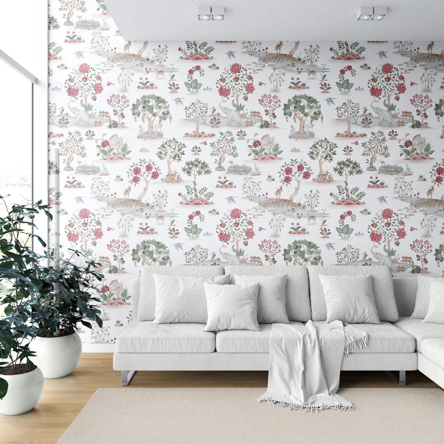 Modern Floral Botanical/ Nature Print Shower Toilet Wallpaper (White/ Pink/ Red/ Green/ Gray)